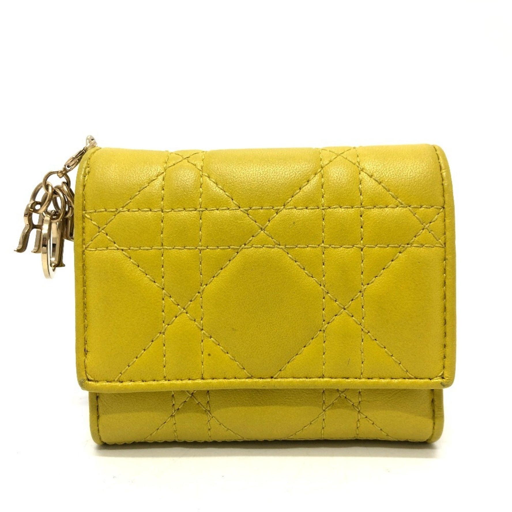 Christian Dior Dior Lady Cannage Lotus Wallet Compact Tri-fold Leather Gold Hardware
