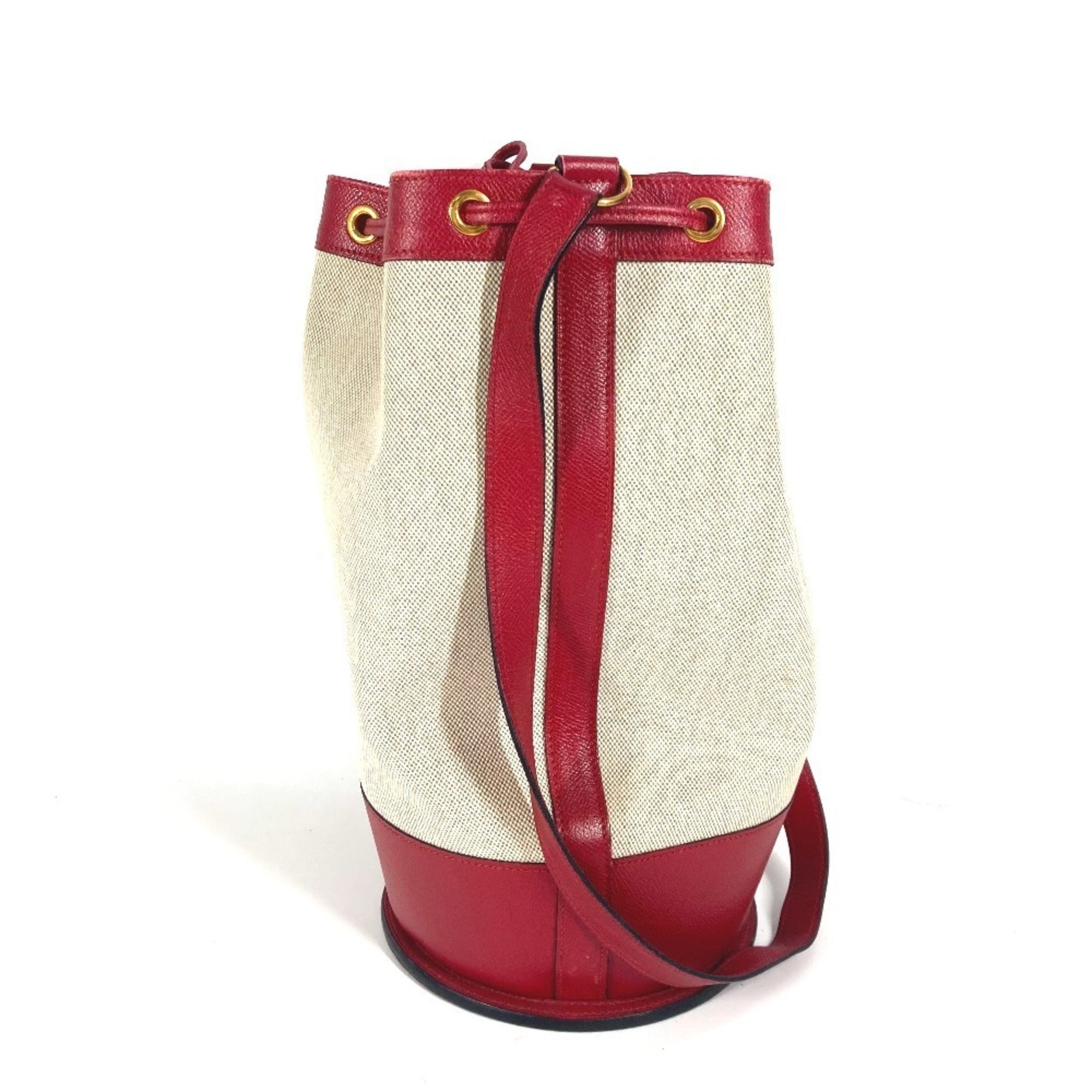 HERMES Vintage Standy Bag, Crossbody Drawstring Shoulder Leather and Canvas, Red
