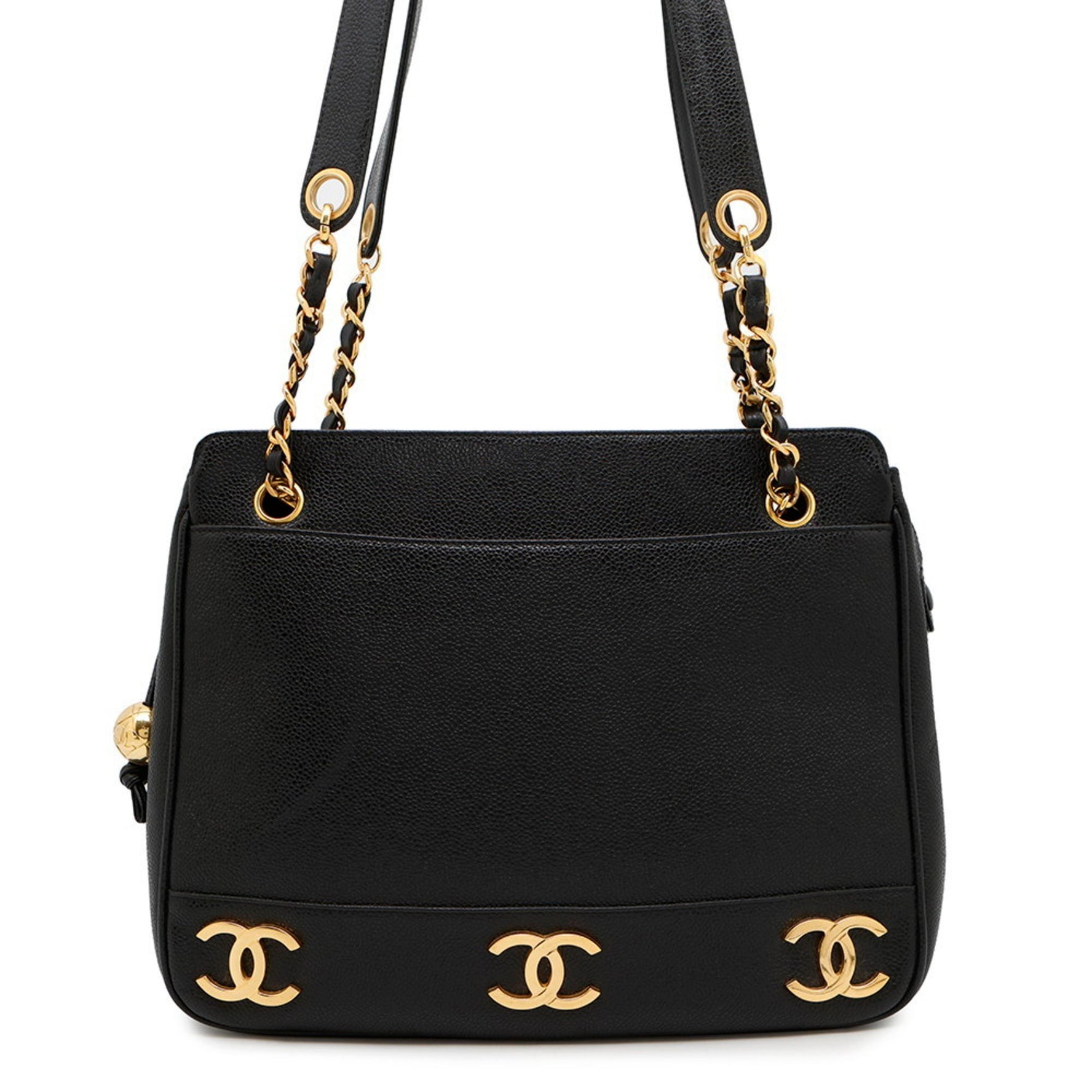 CHANEL Chain Tote Bag with Triple Coco Mark and Caviar Leather Double Shoulder