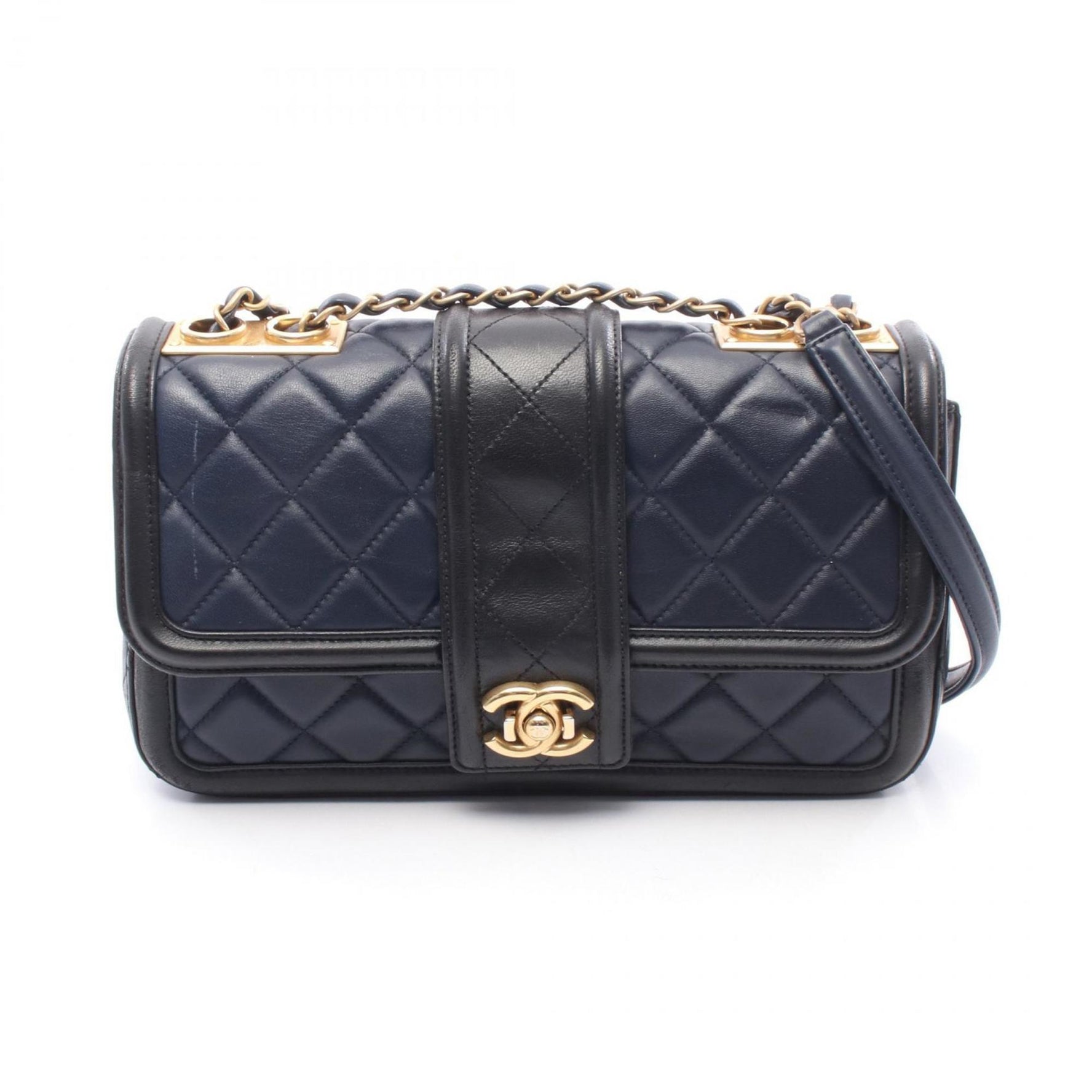 CHANEL Matelasse Shoulder Bag, Lambskin Leather, Navy and Black