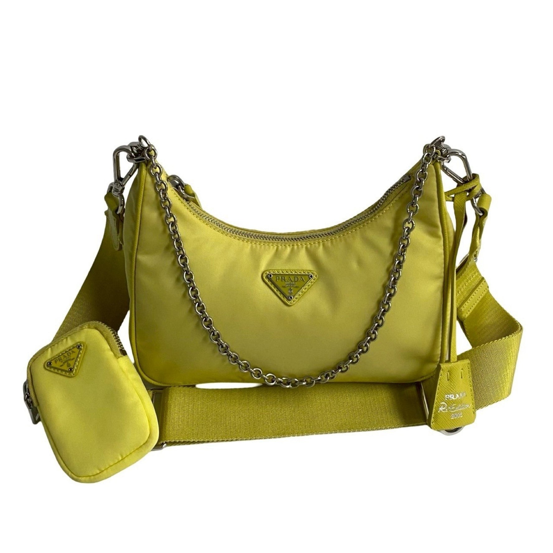 PRADA Re-Edition Triangle Logo Metal Hardware Nylon Saffiano Leather Chain Shoulder Bag 919-3