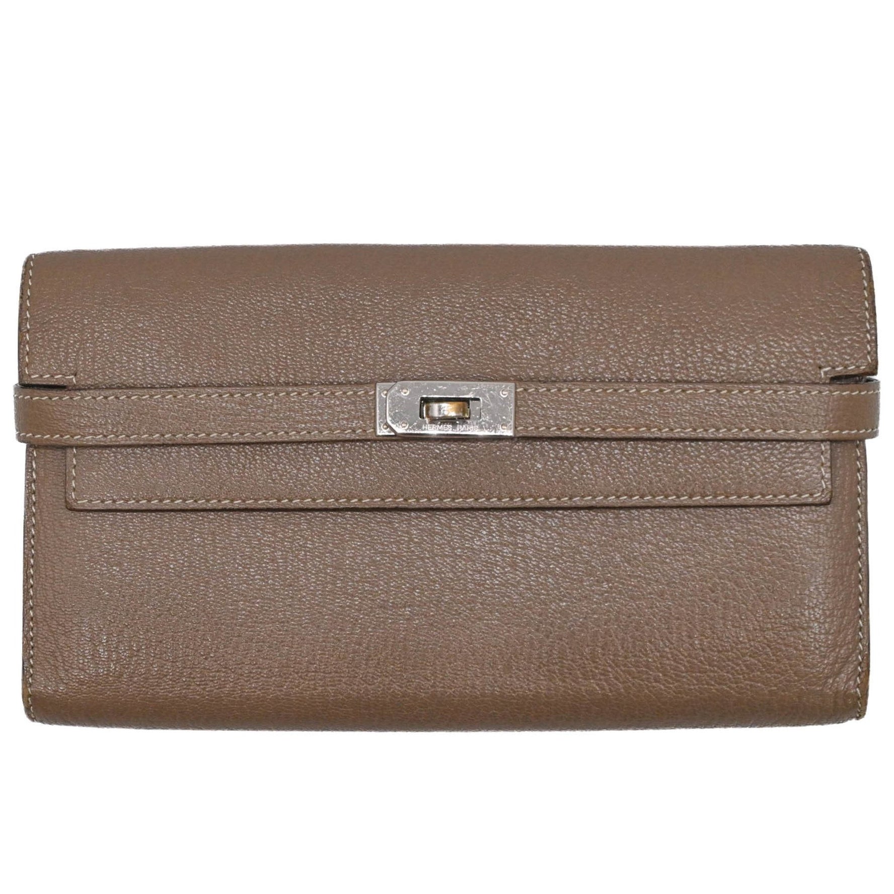 HERMES Kelly Wallet Long Chevre Leather Etoupe Greige #□U