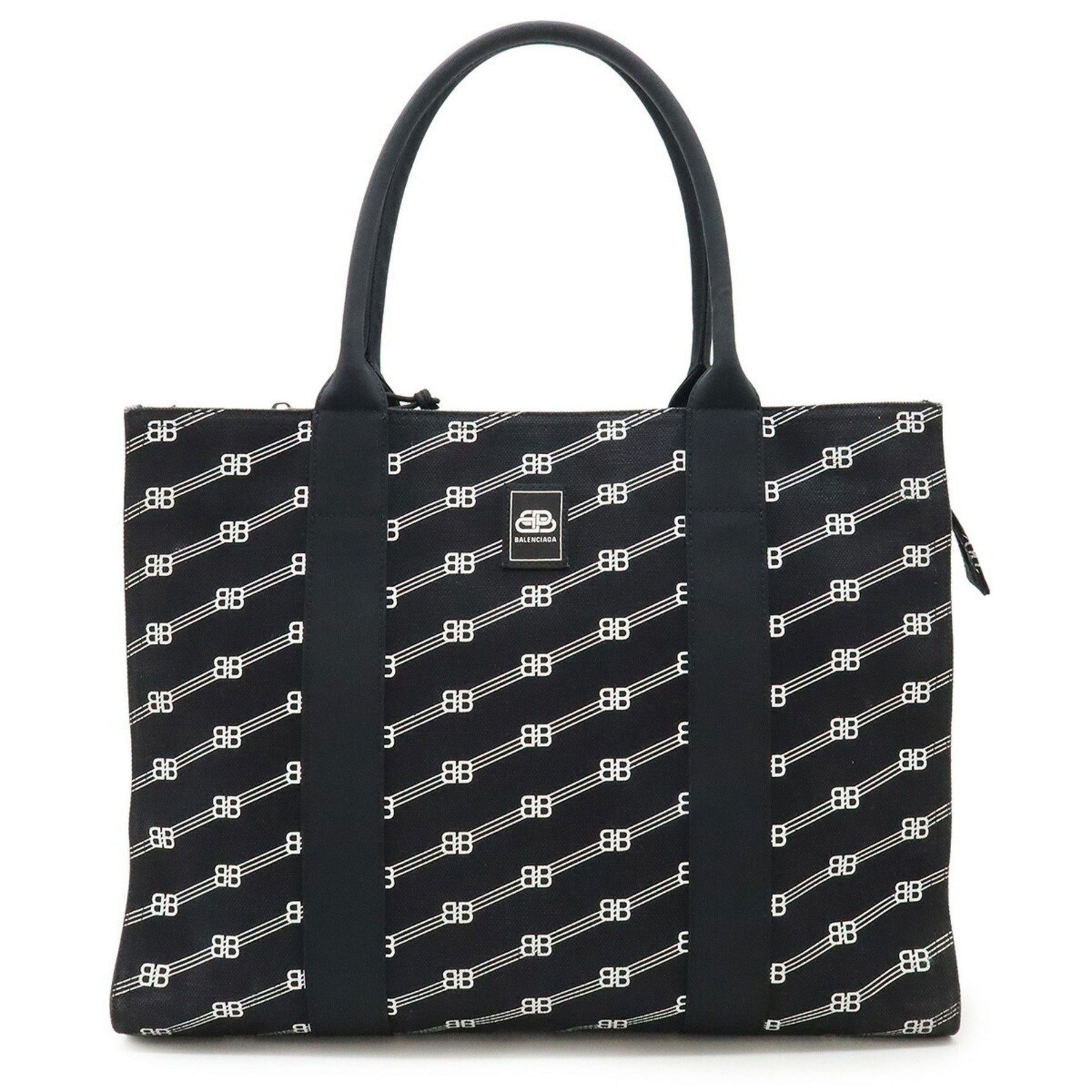 BALENCIAGA BB Monogram Trade Tote Bag, Large Shoulder Canvas, Black and White