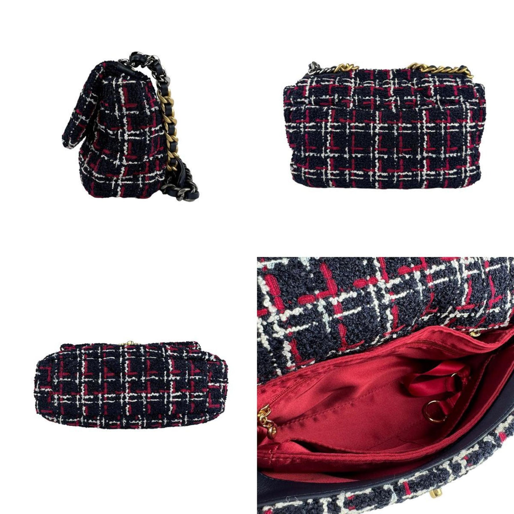 CHANEL Shoulder Bag Tweed Navy x Red White Gold