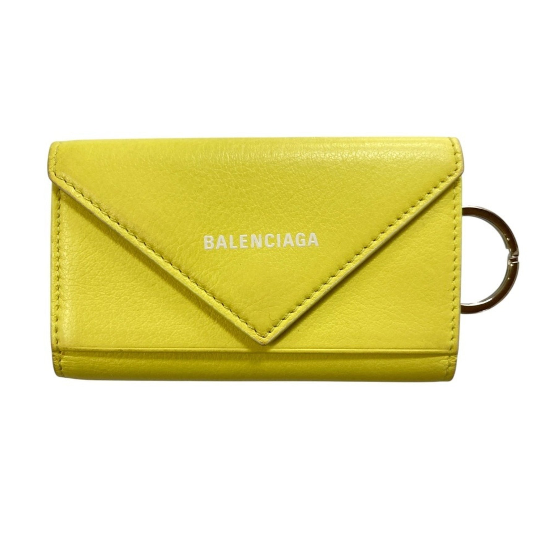 BALENCIAGA PAPER Leather Logo Tri-fold Key Case Ring Yellow Men's
