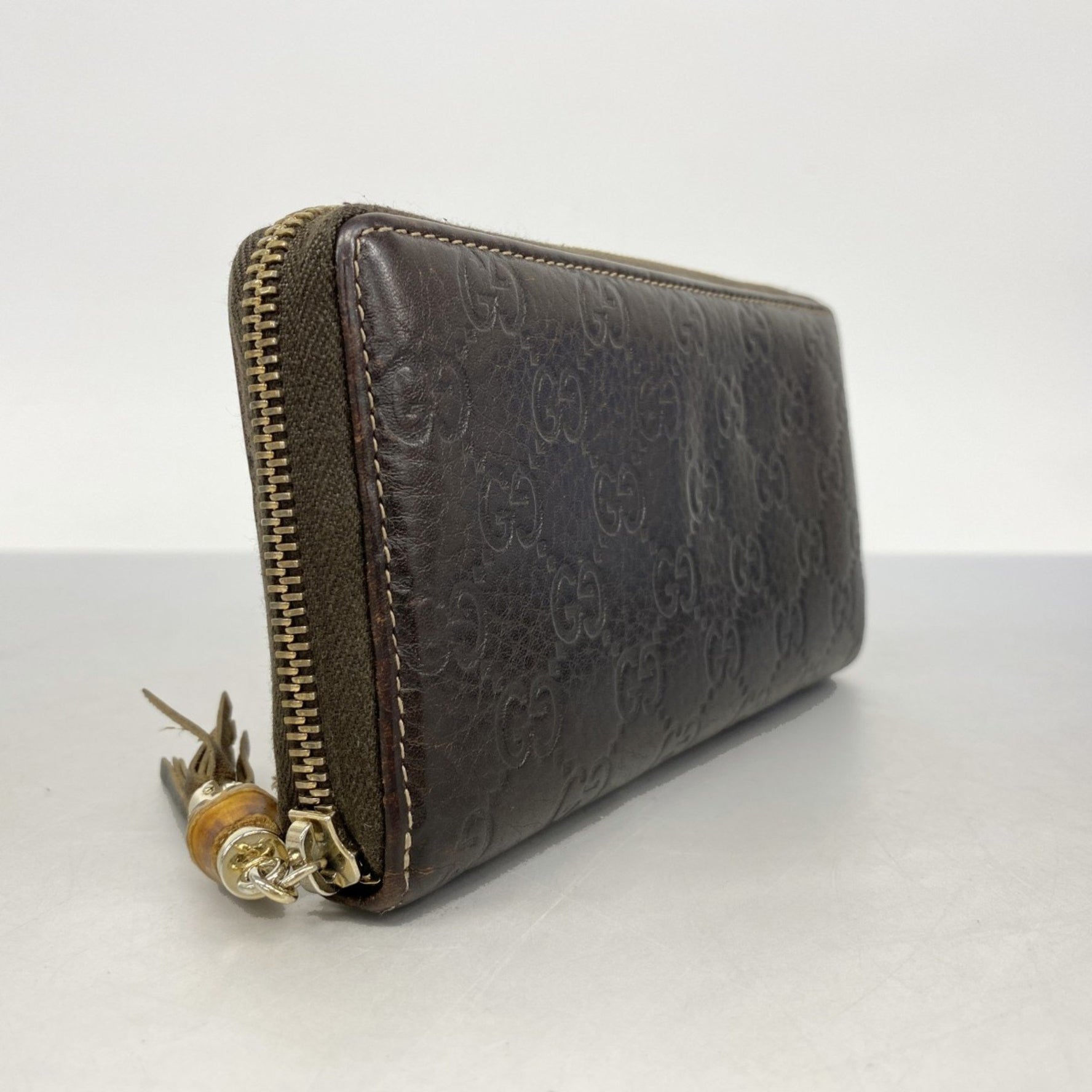 Gucci Bamboo Long Wallet, Guccissima, Leather, Dark Brown, Champagne