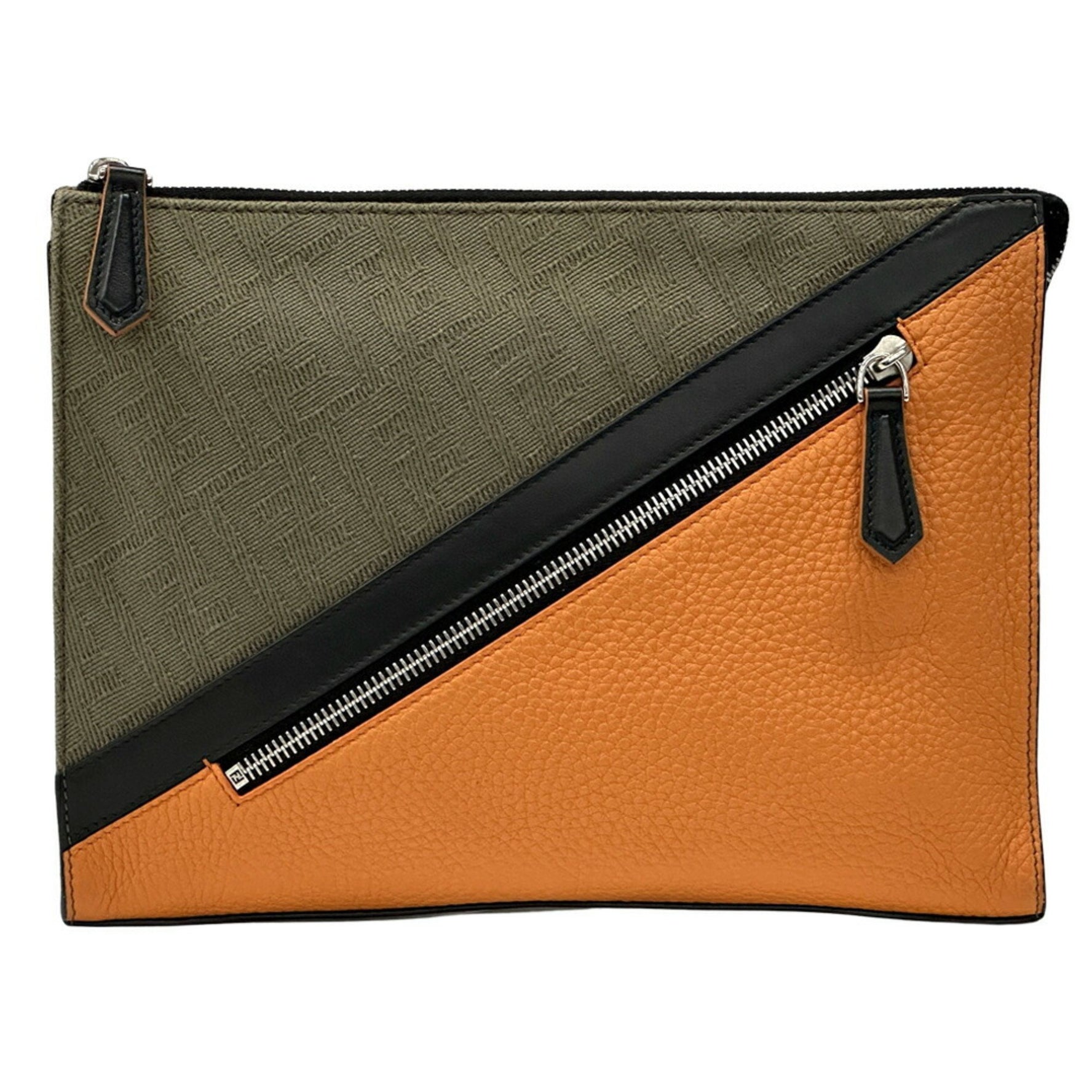 Fendi Zucca Clutch Bag/Second Handbag in Canvas and Leather with Khaki Orange Two-Tone Design