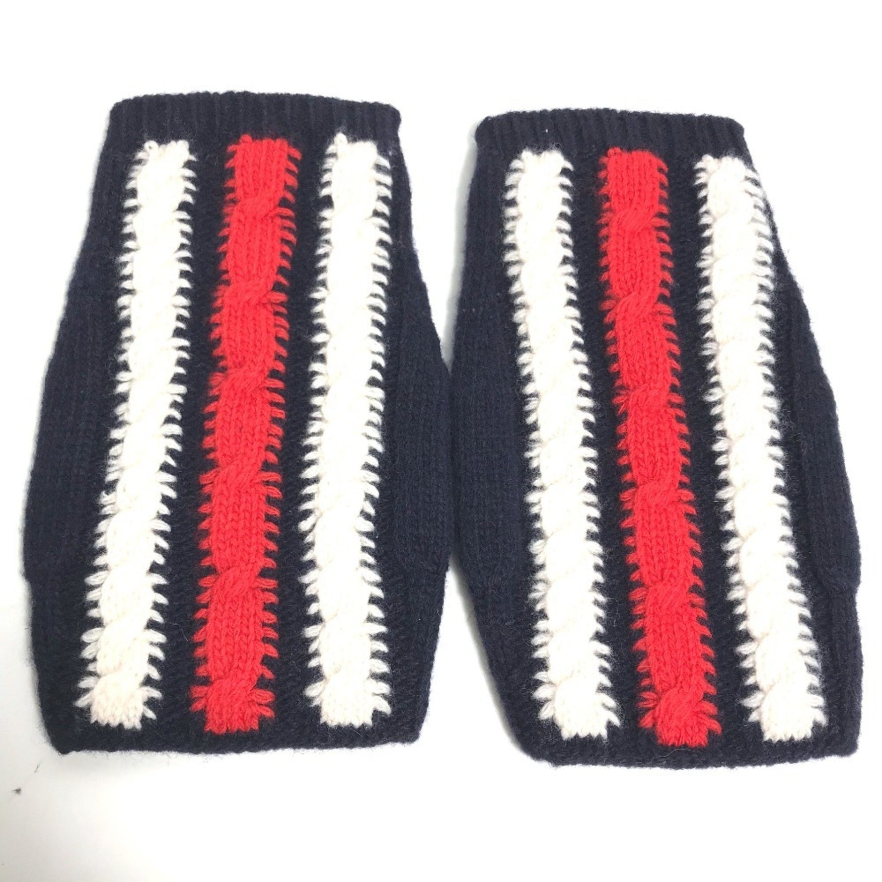 GUCCI Fingerless Striped Gloves Wool Navy