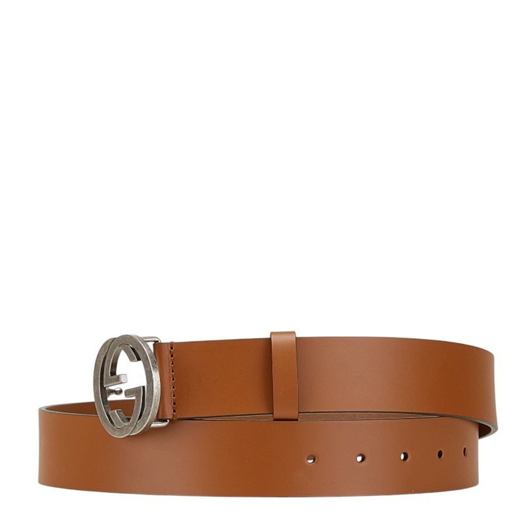 Gucci Interlocking G Belt 85.34 Brown Silver Leather Metal