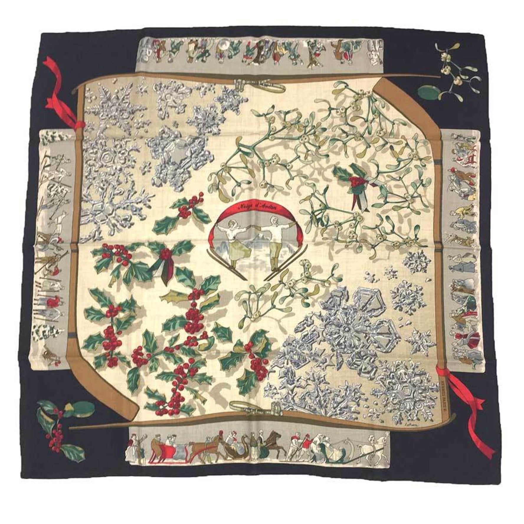 HERMES Cashmere Silk Scarf Muffler Carre 90 Neige d'Antan Last Year's Snow Black x Ivory