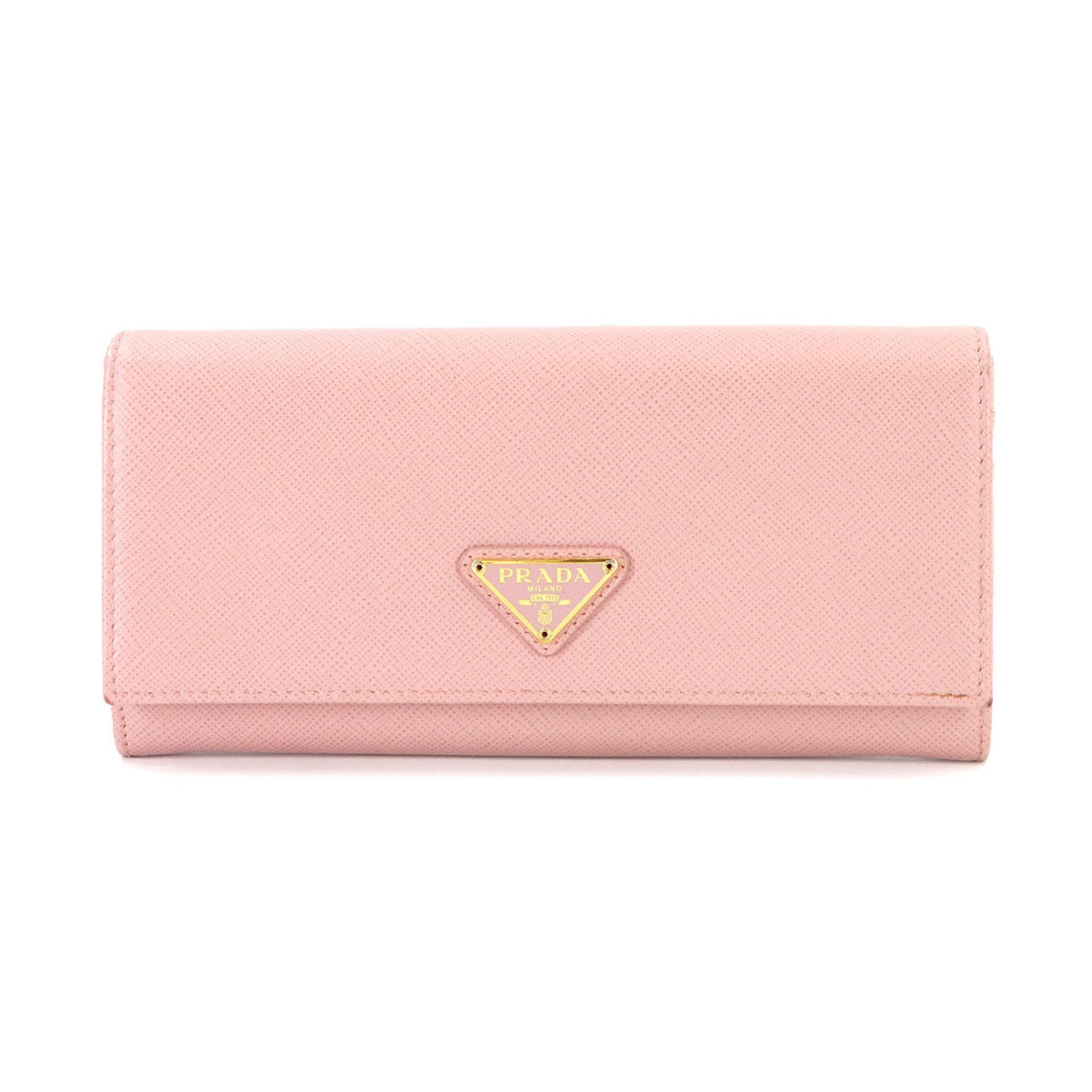 Prada Saffiano Bifold Long Wallet in Pink Leather with Gold Triangle Hardware (1MH132)