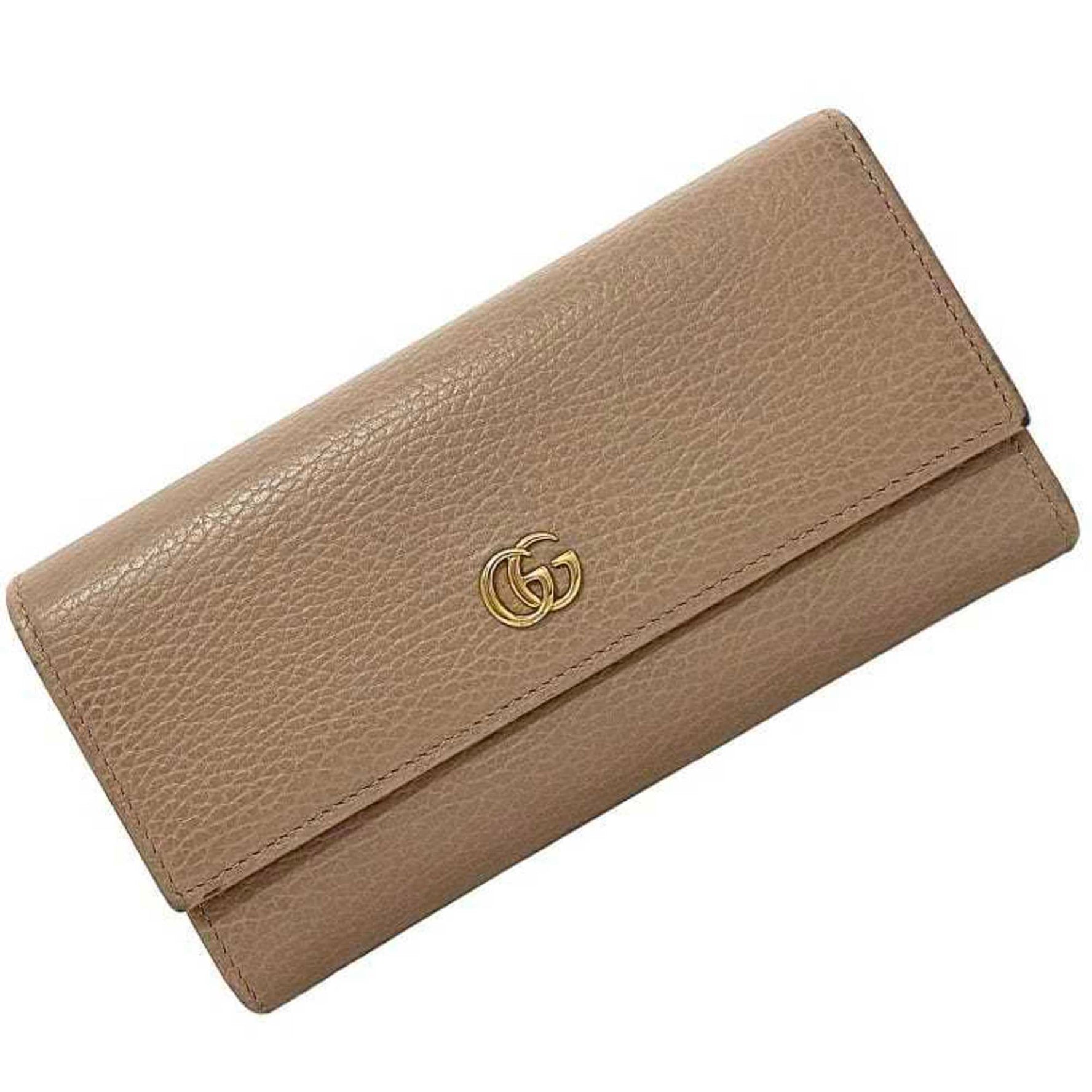 Gucci Folio Long Wallet Pink Beige GG Marmont Purse Leather Metal Petit Continental Grained