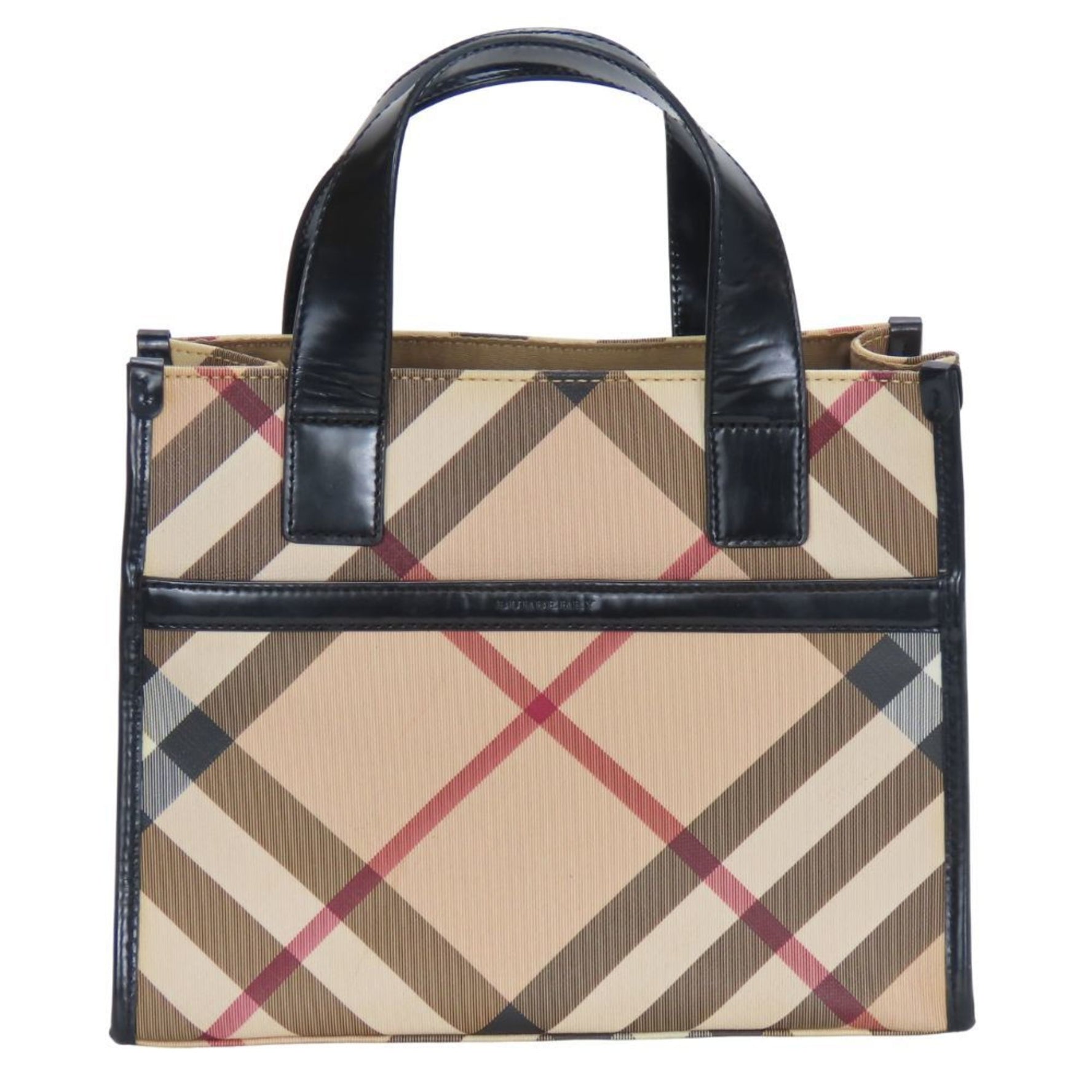 Burberry Nova Check PVC Leather Mini Handbag in Beige, Black, and Pink.