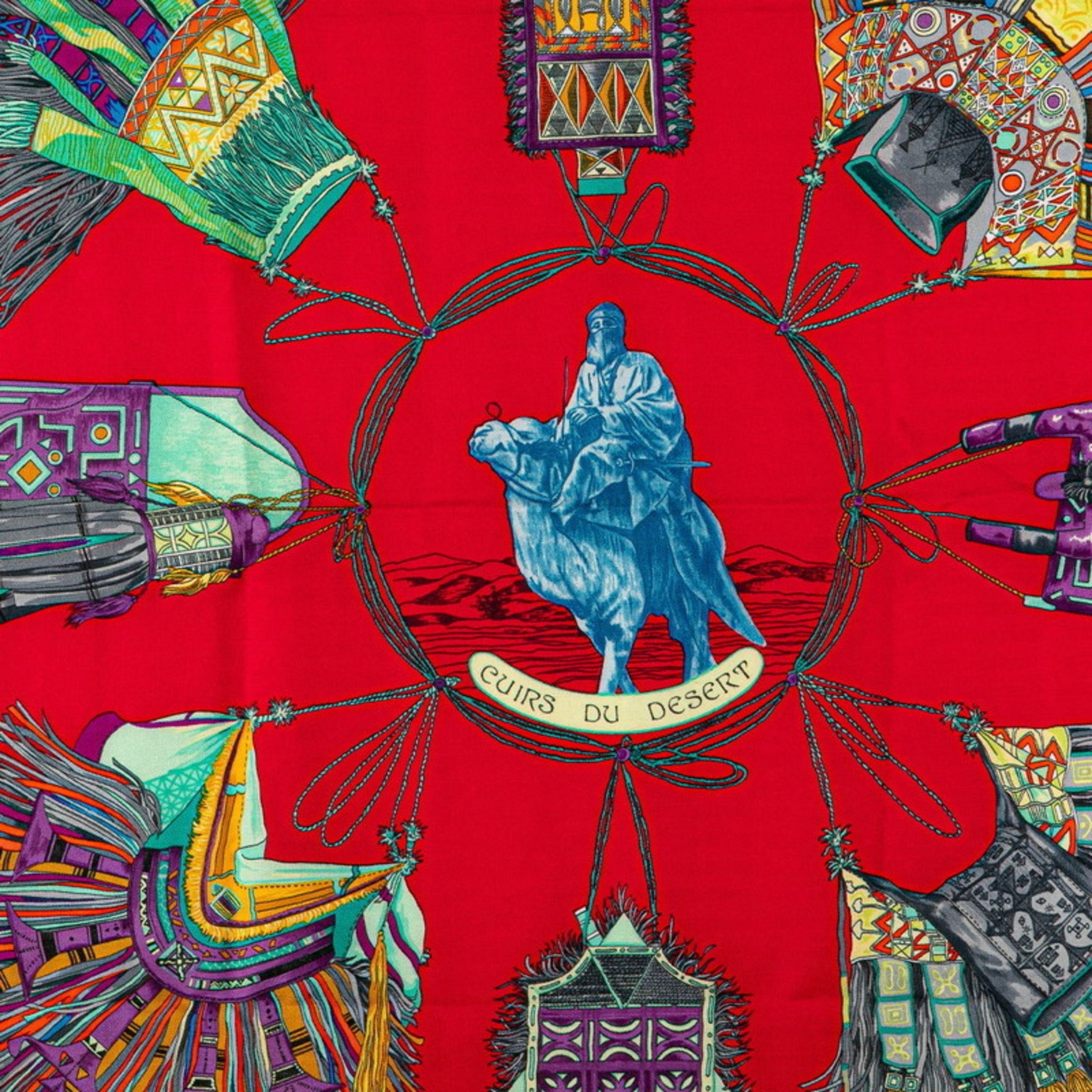 Hermes Carre 90 CUIRS DU DESERT Desert leather scarf muffler red multicolor silk