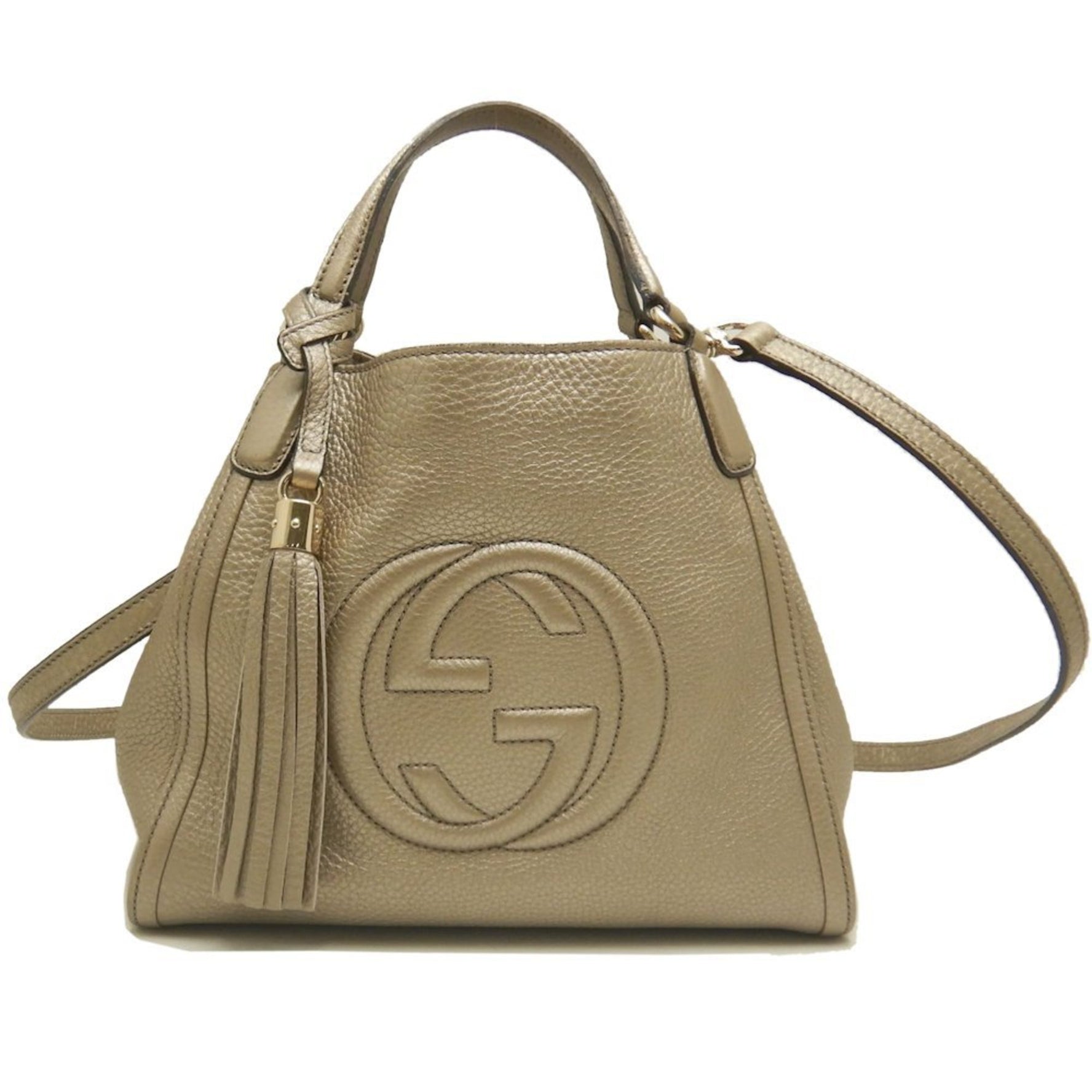 GUCCI Soho Handbag Interlocking G Leather Metallic Greige