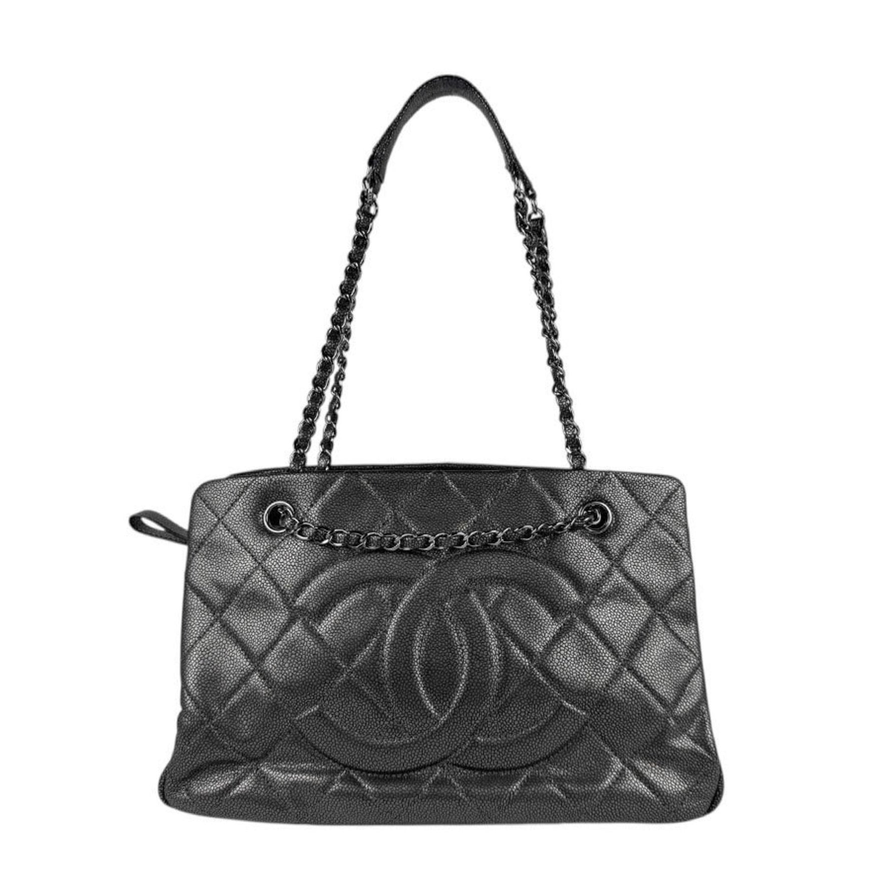 CHANEL Shoulder Bag Caviar Skin Leather Metallic Dark Grey