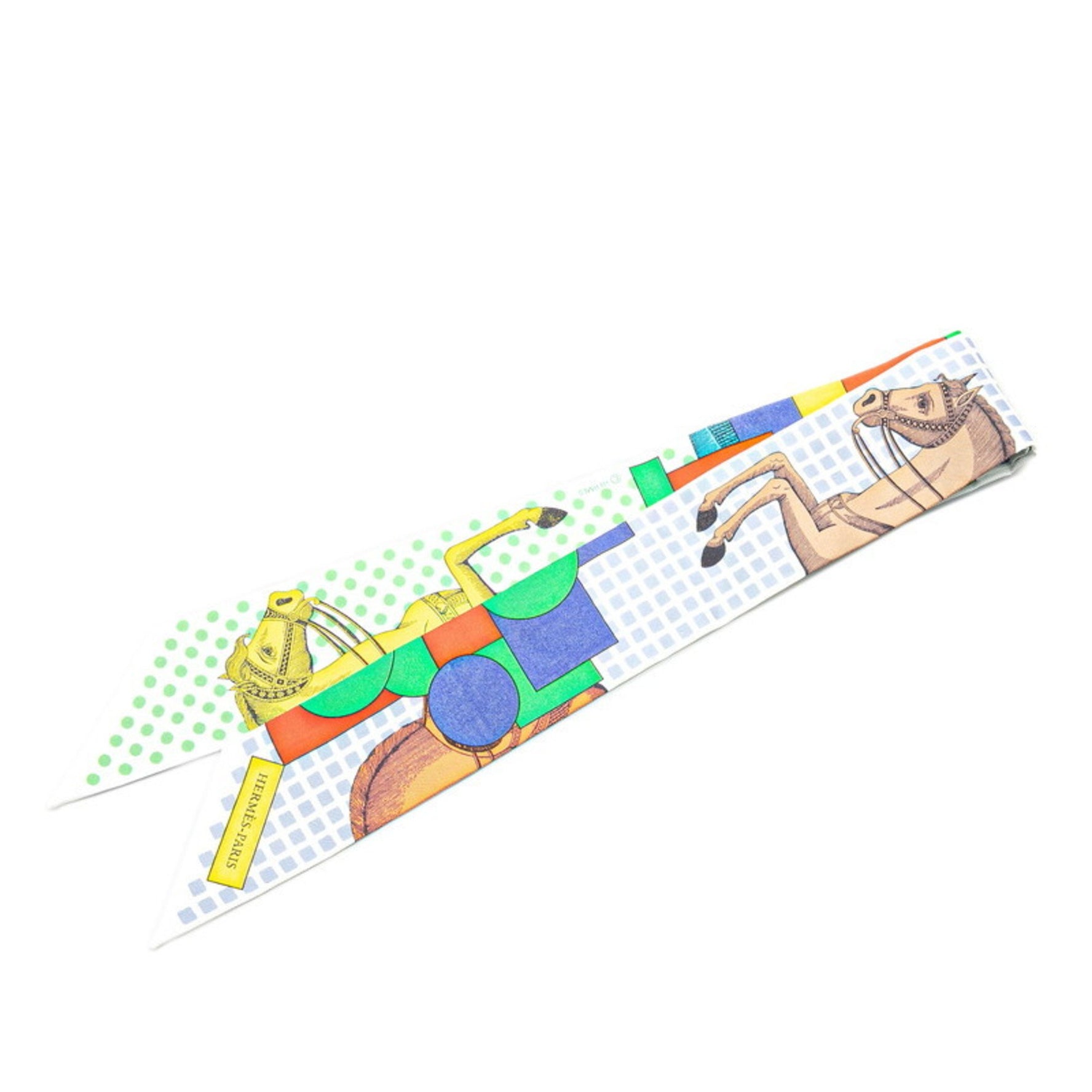 Hermès Twilly CAVALIER EN FORMES Scarf, White and Multicolor Silk, HERMES