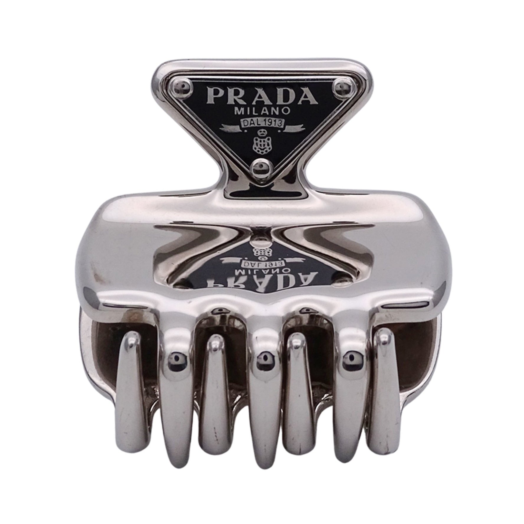 Prada Stainless Steel Hair Clip in Silver and Black with Mini Triangle Logo