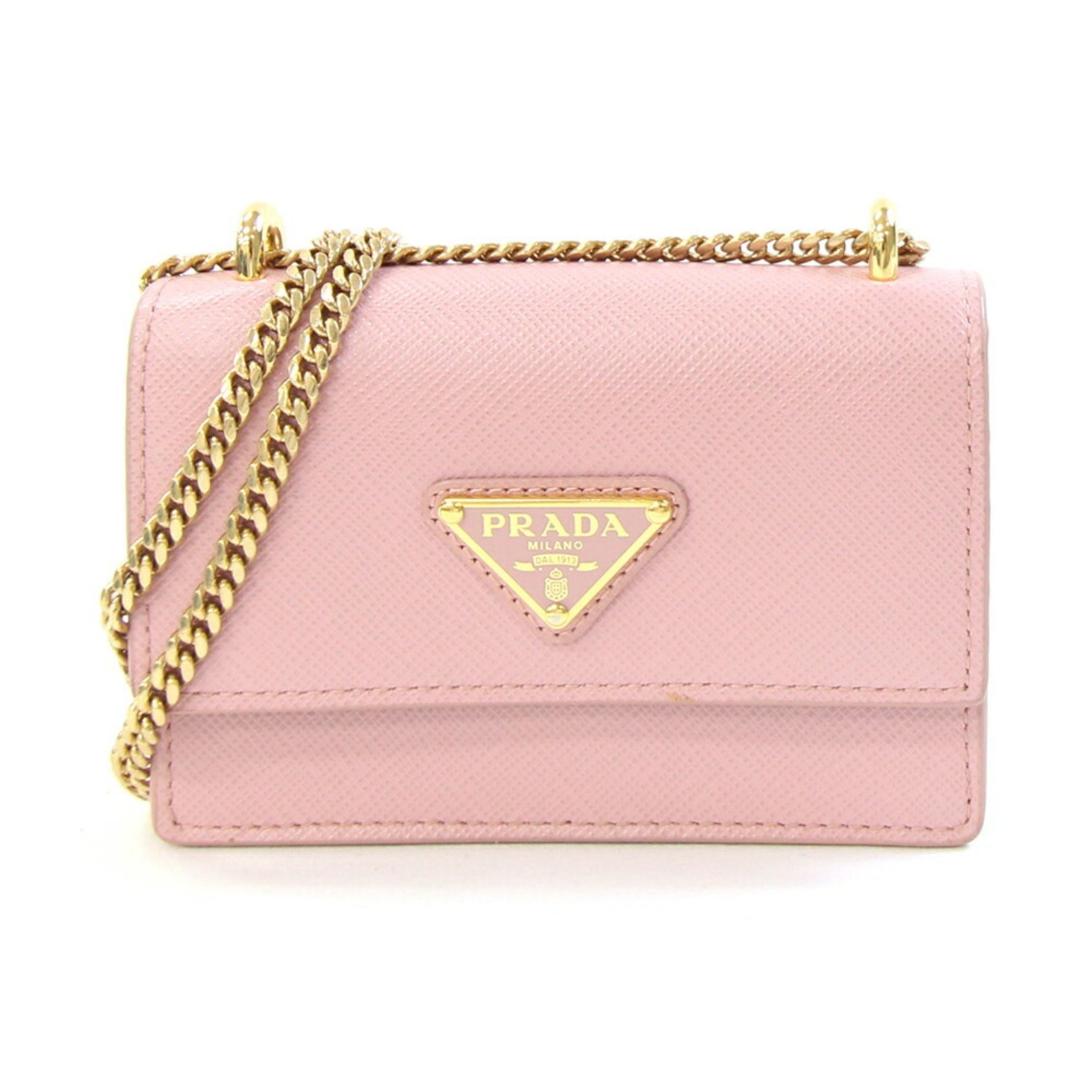 Prada Shoulder Bag with Chain Strap 1MR017 Pink Leather Saffiano Triangle Pochette Women's PRADA