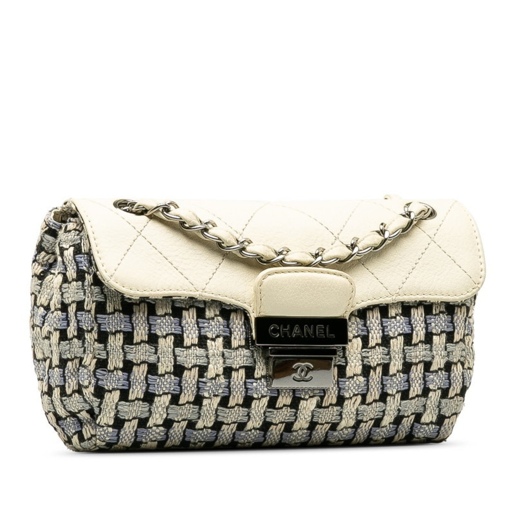 CHANEL Wild Stitch Coco Mark Tweed Chain Shoulder Bag Blue White Wool Leather