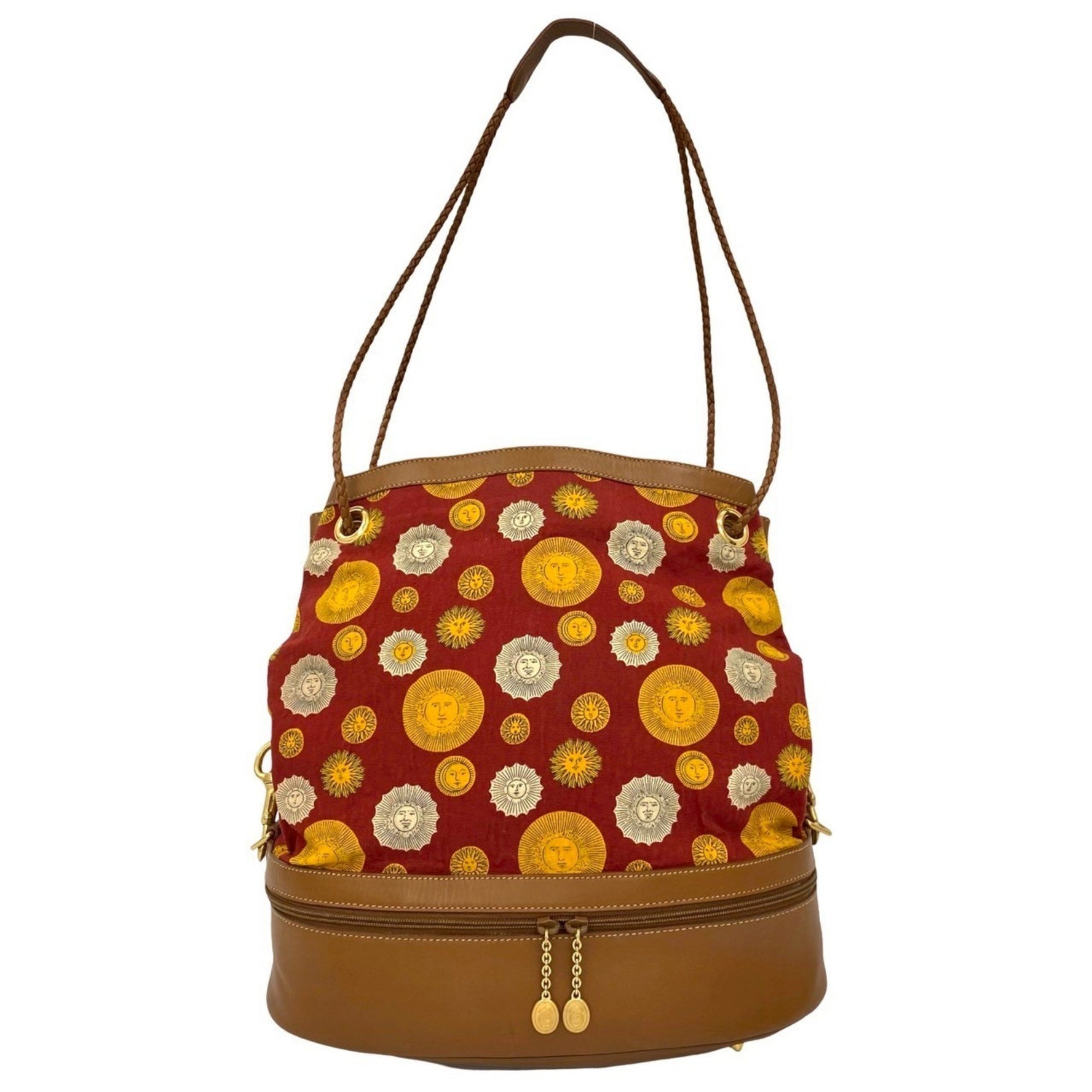 Extremely rare GUCCI vintage Sun God pattern leather canvas semi-shoulder bag tote in red and brown