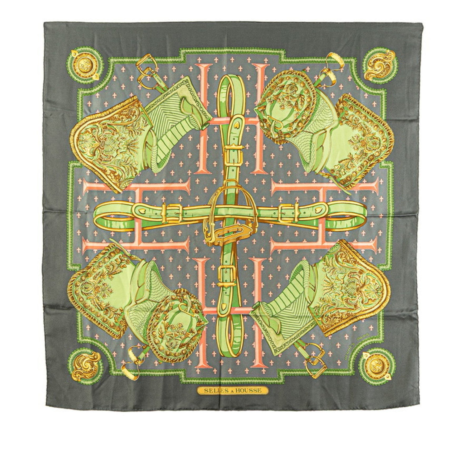 Hermes Hermès Carré 90 SELLES A HOUSSE Cover Scarf, Gray Multicolor Silk