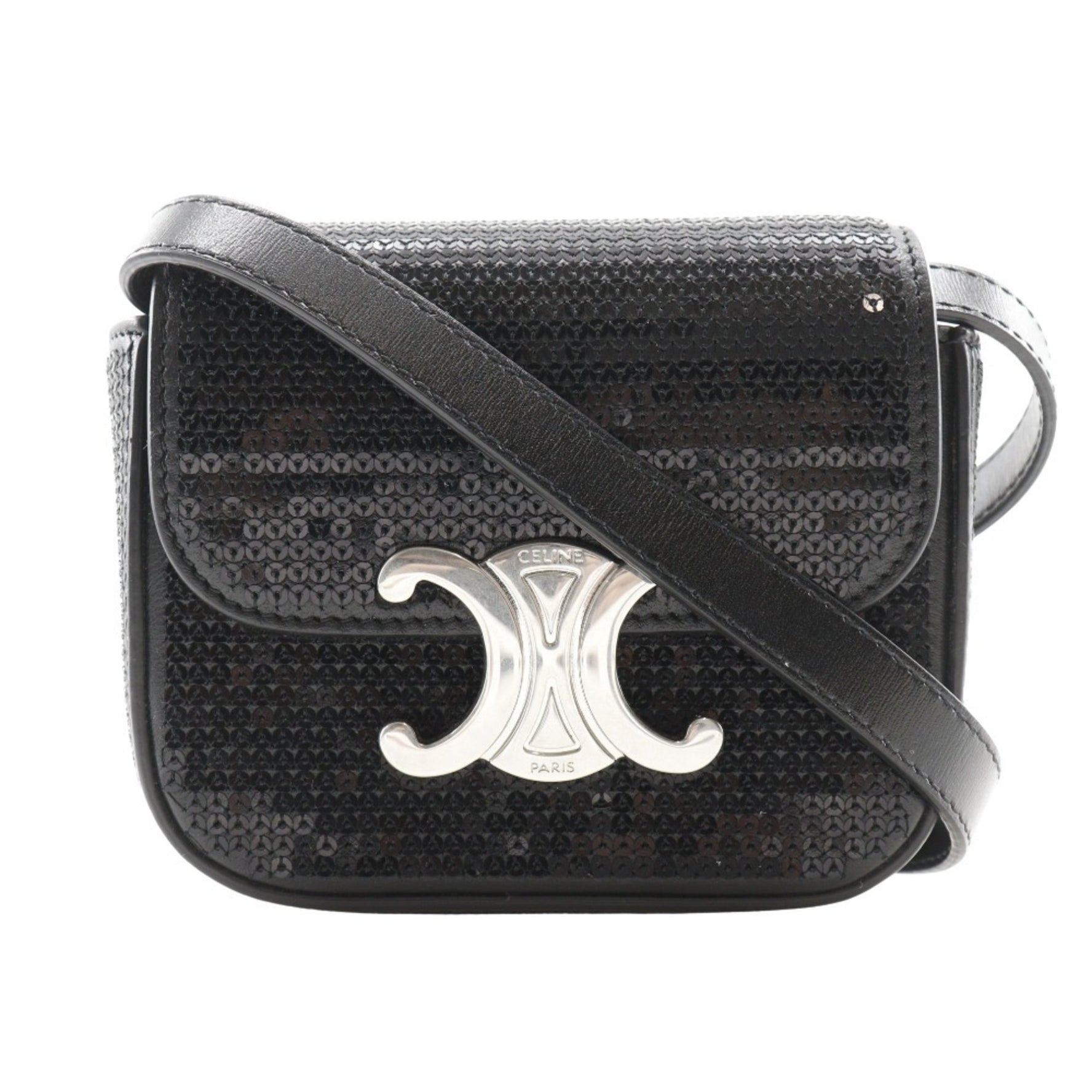 CELINE Mini Triomphe Shoulder Bag Clutch Leather x Sequins Snap Button