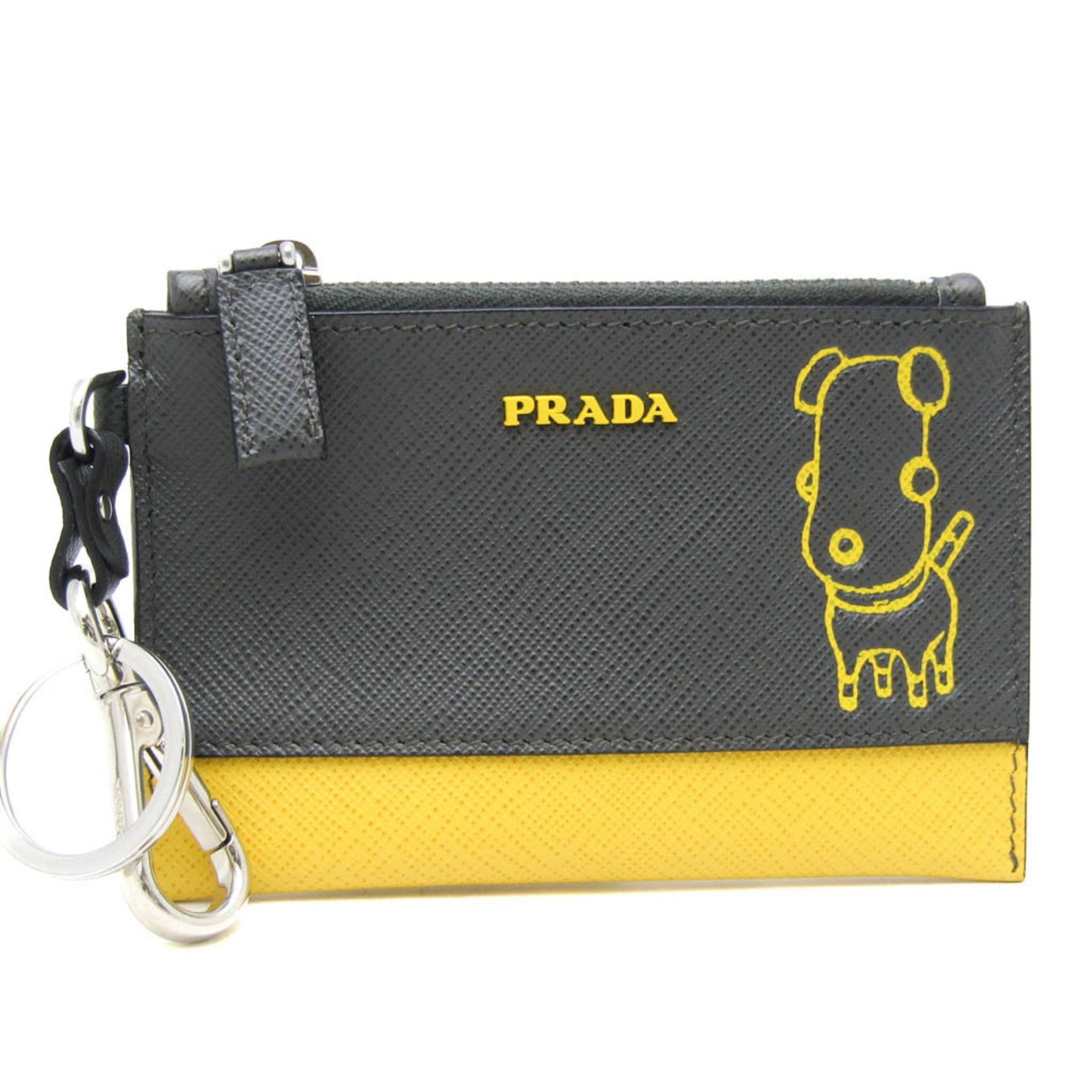 Prada Saffiano Dog Illustration Print With Key Ring 2TT080 Men,Women Leather Coin Purse/coin Case Gray,Yellow