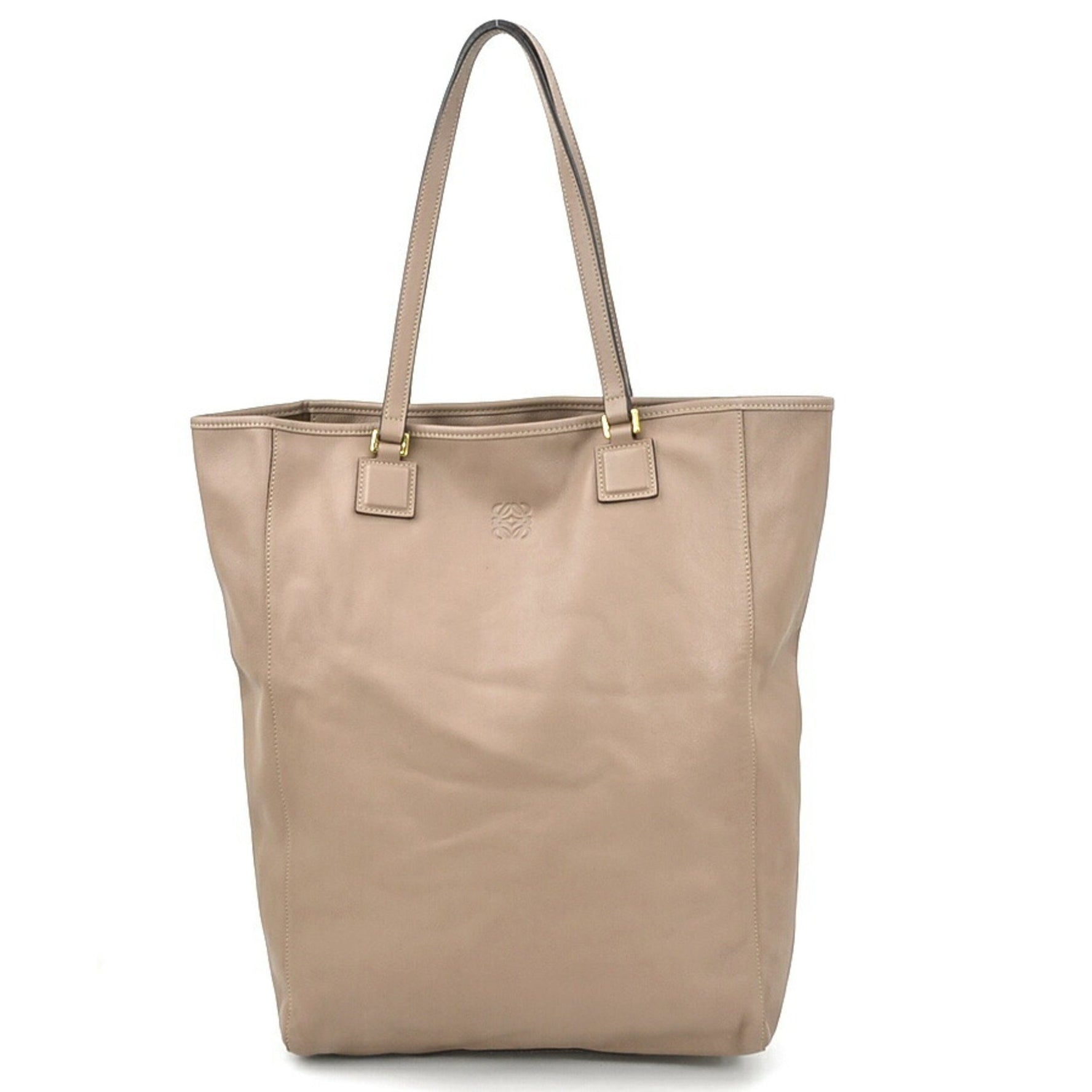 LOEWE Shoulder Bag Tote Anagram Leather Gray Brown Gold