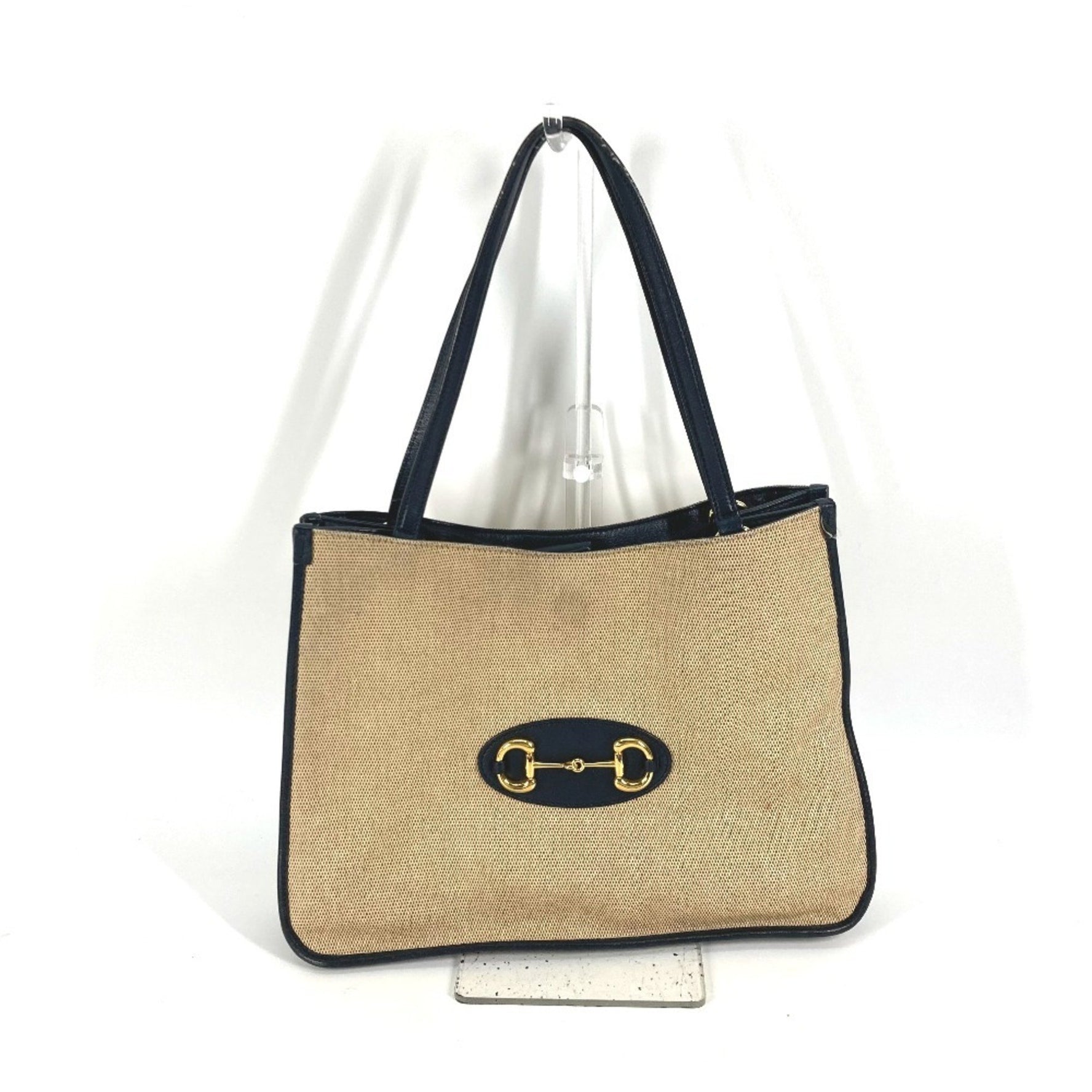 GUCCI Japan-exclusive 1955 Horsebit Shoulder Bag/Tote Bag in Canvas/Leather, Beige and Navy