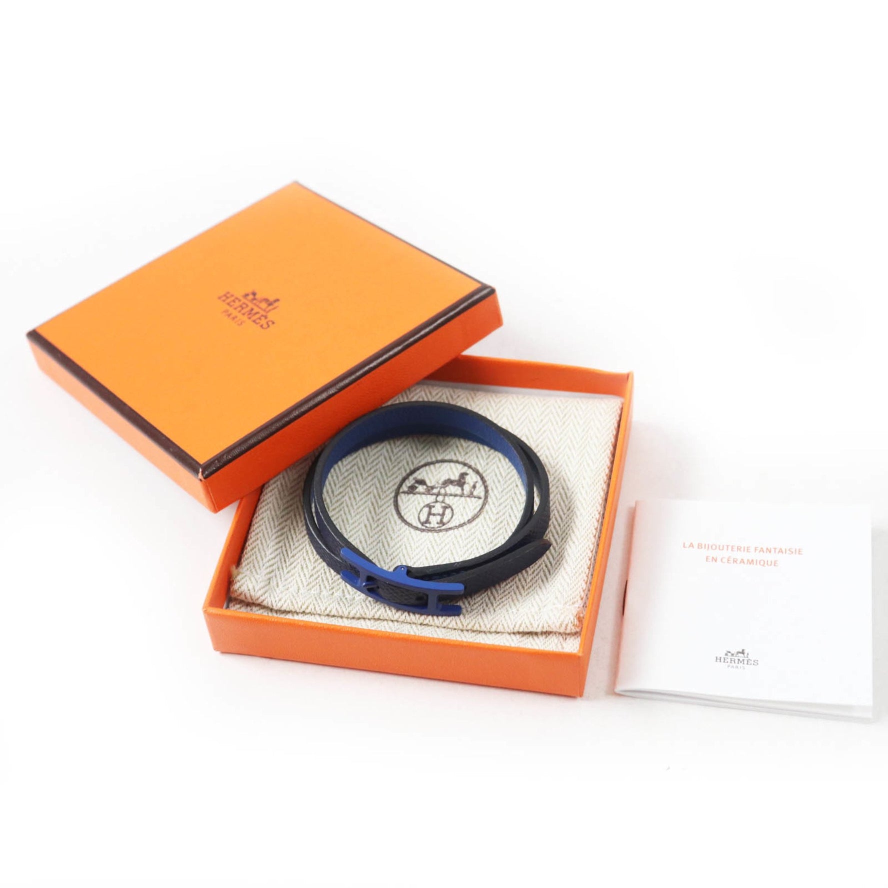 HERMES B-Api Double Tour Bracelet in Navy Leather with Blue Hardware, Made France, Includes Box and Dust Bag