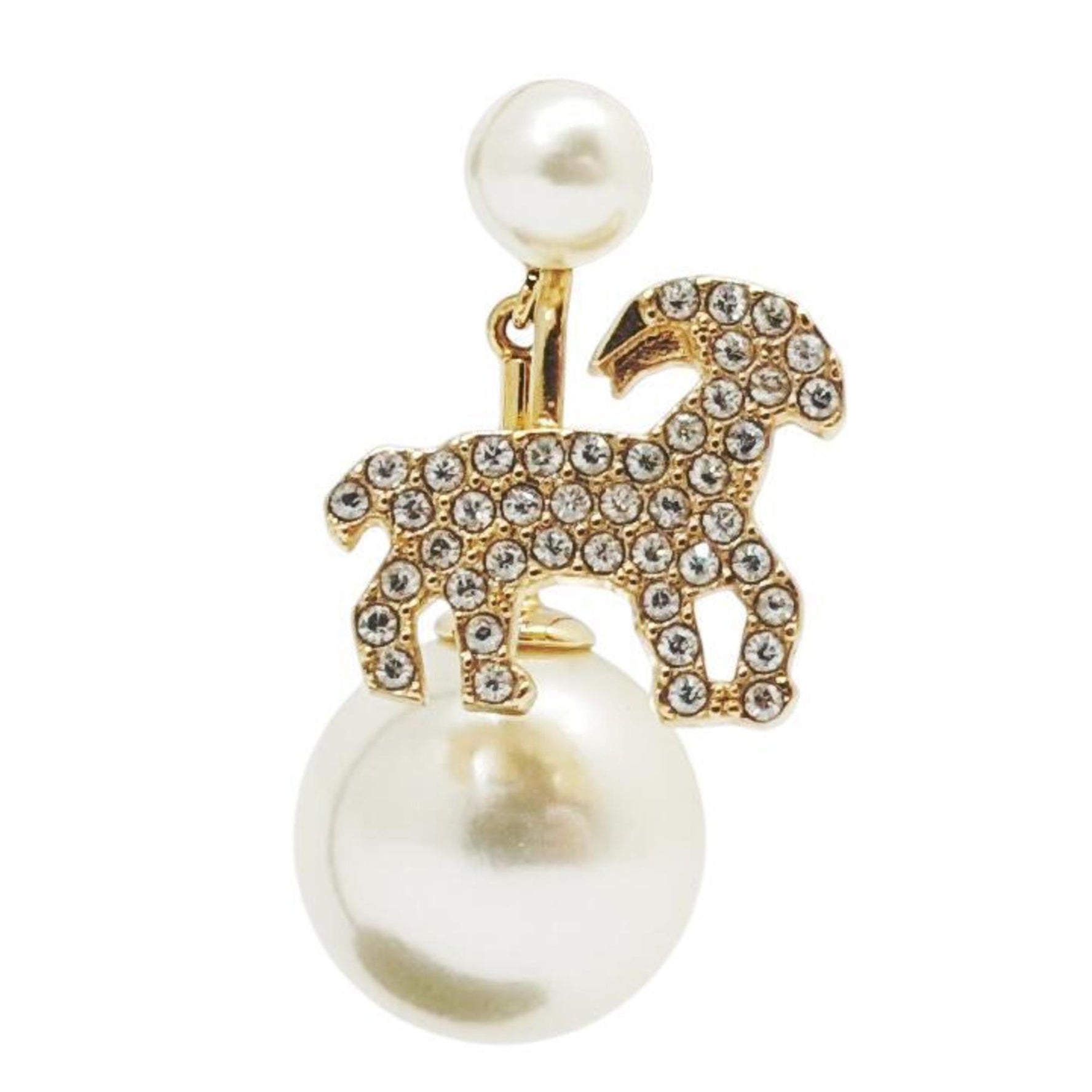 Christian Dior Earrings, Rhinestone, Pearl, Sheep, Aries, Zodiac Sign, Animal, Single Ear