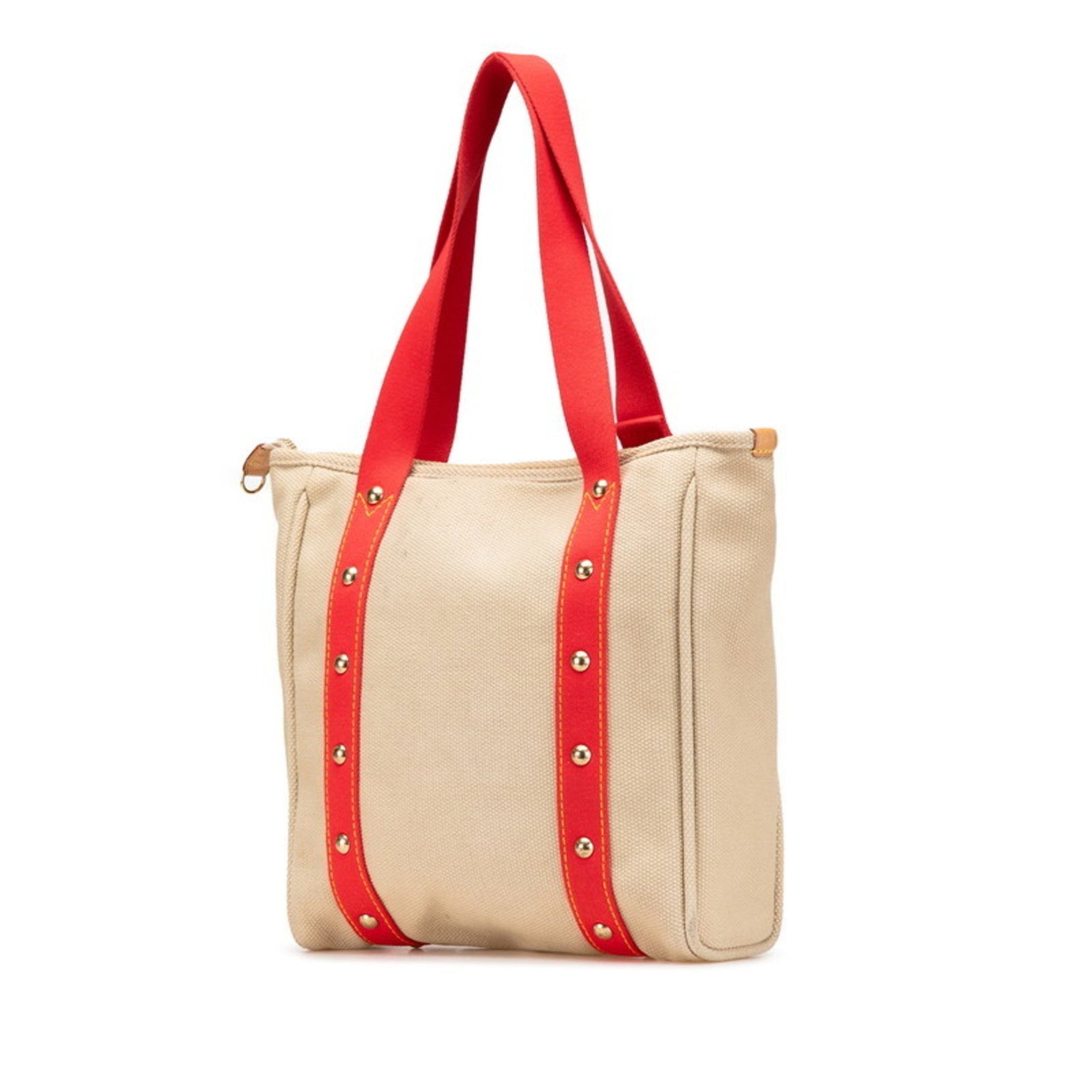 Louis Vuitton Antigua Cabas MM Tote Bag Shoulder Red Beige Canvas Leather