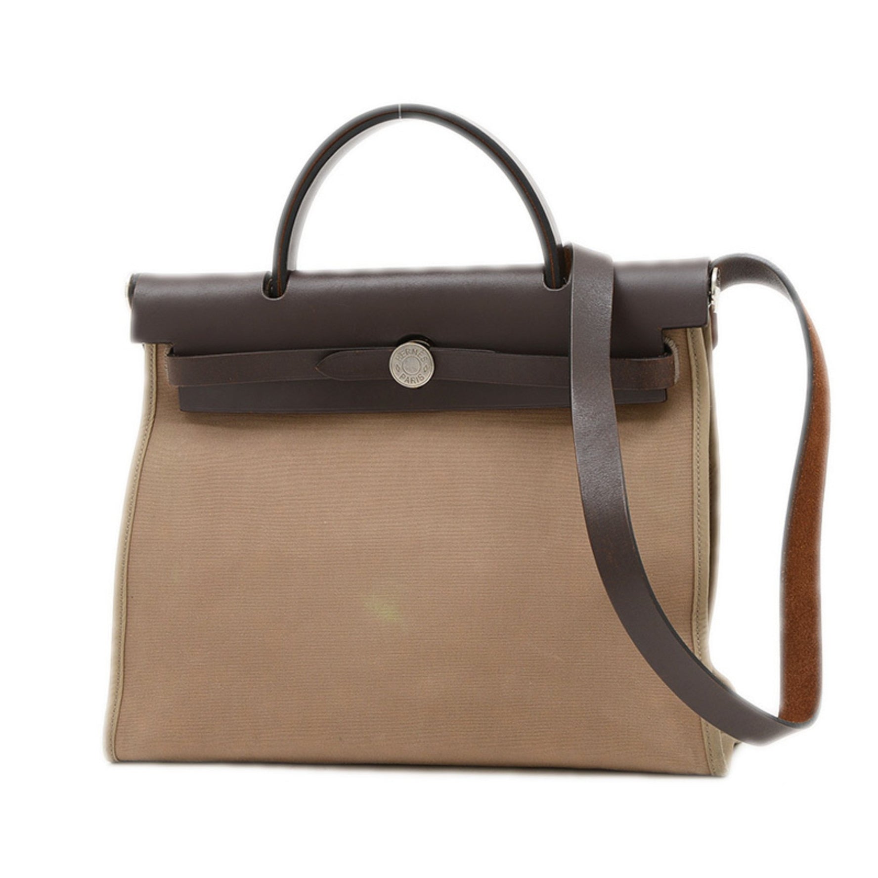 Hermes Airbag Zip PM Handbag Tote Bag Toile Officier Calf Beige Brown T Stamp BP