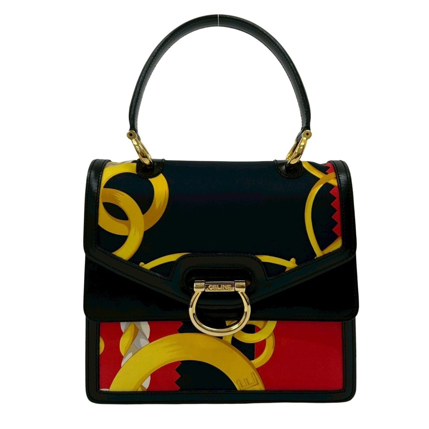 Unused, stored Celine scarf-patterned Gancini calf leather and silk mini handbag in black red