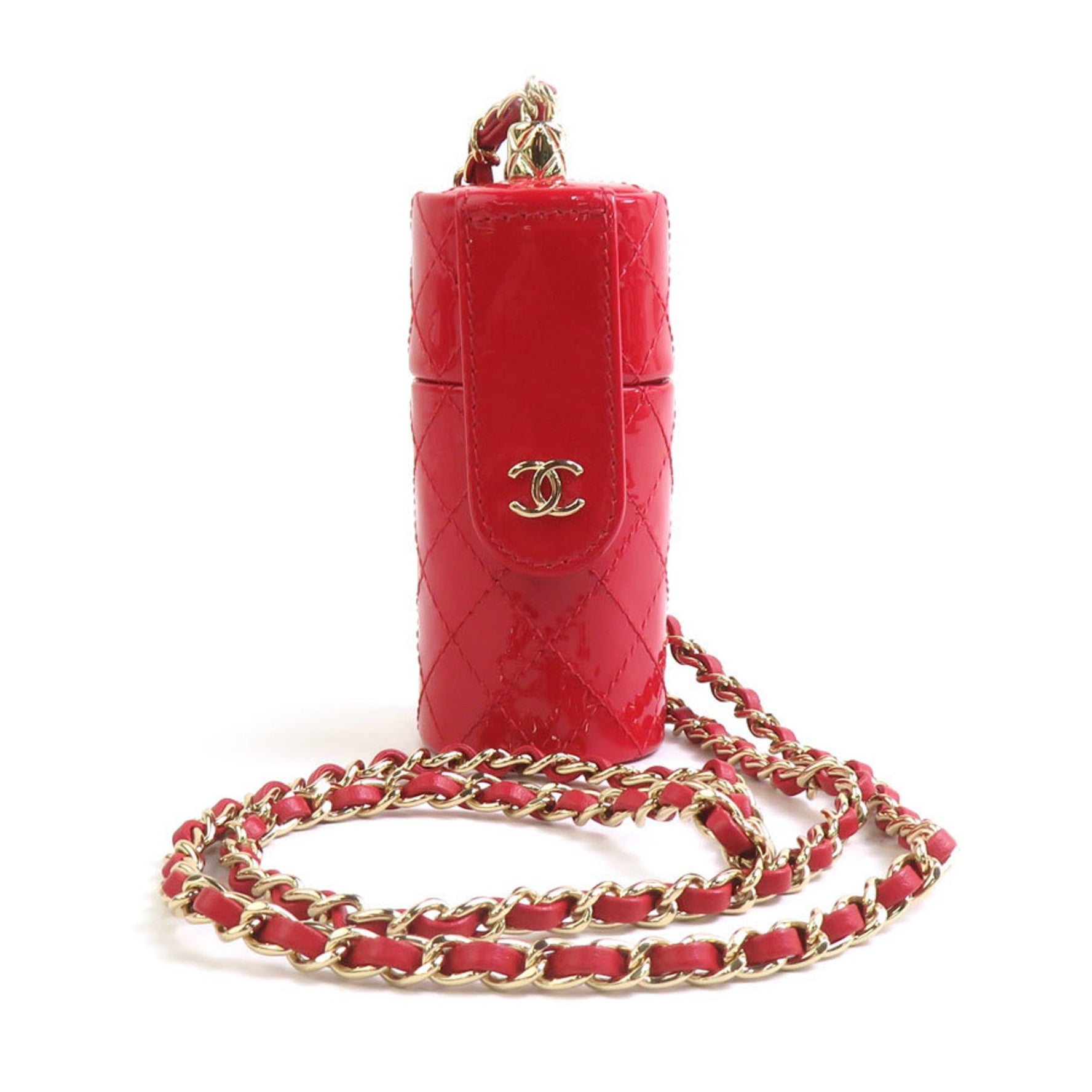 CHANEL Necklace Lip Case Patent Leather Metal Red Gold