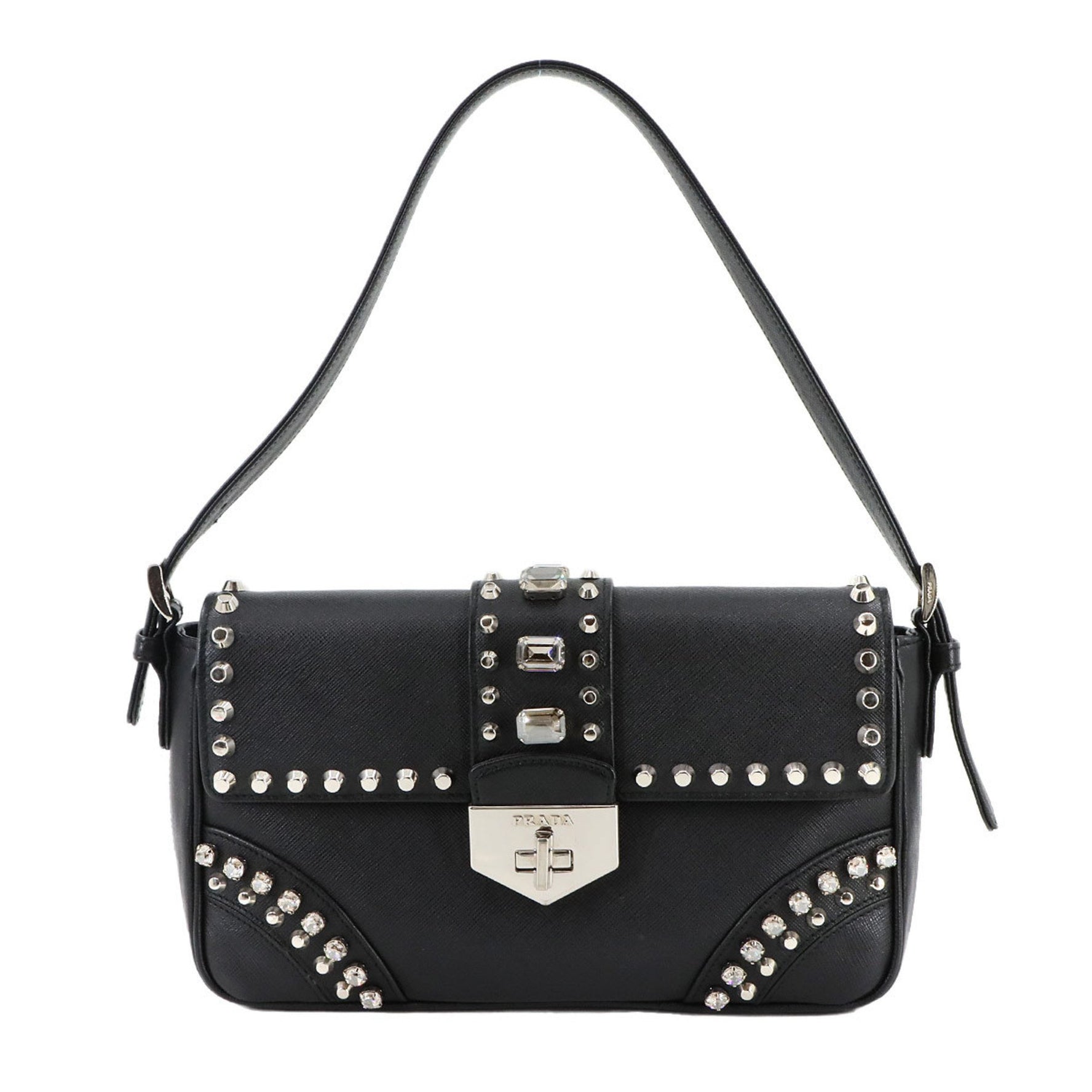 Prada Bejeweled Studded Shoulder Bag in Saffiano Leather (Black) with Silver Hardware