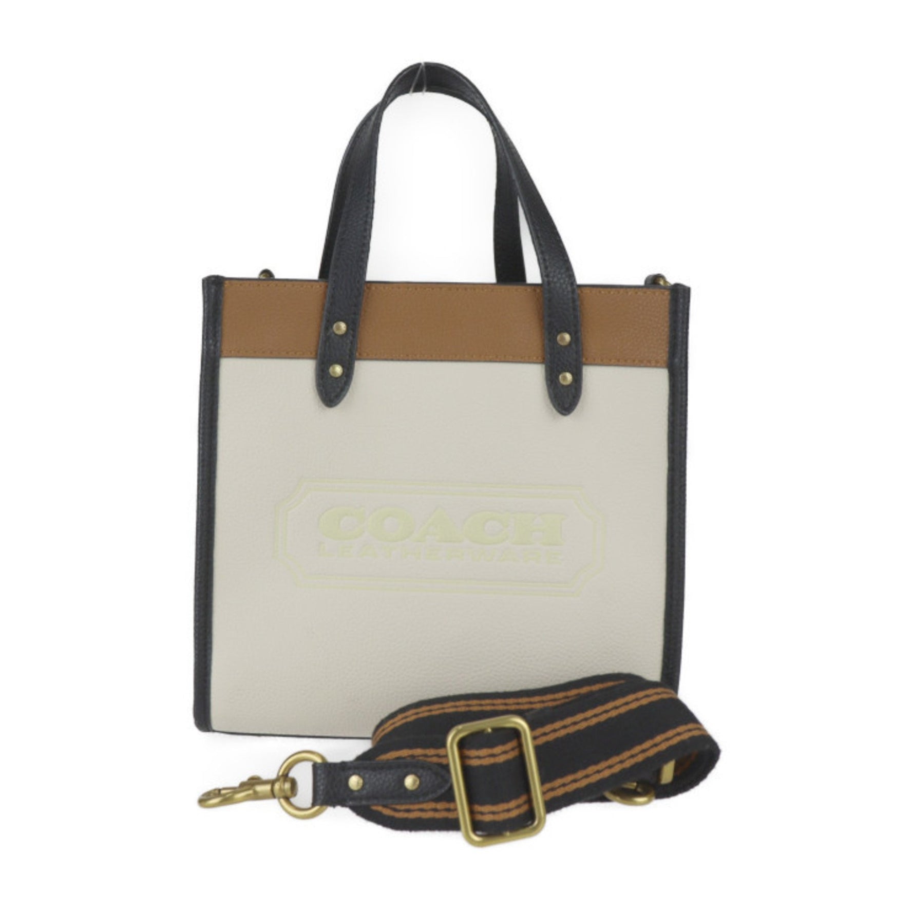 COACH Field Tote Handbag Leather Chalk Brown Black Shoulder Bag