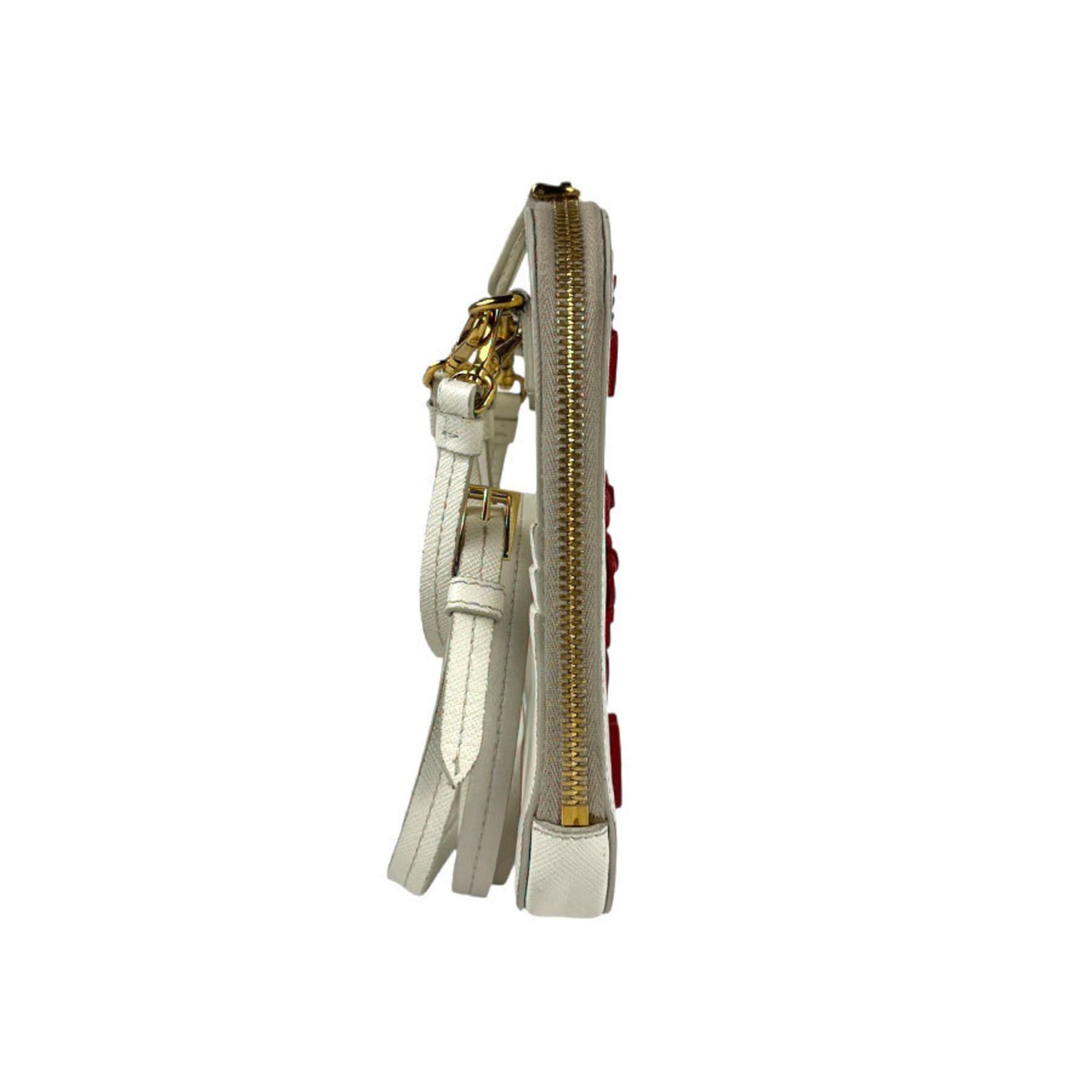 PRADA Shoulder Bag Phone Holder Pouch Leather Off-White Red Gold