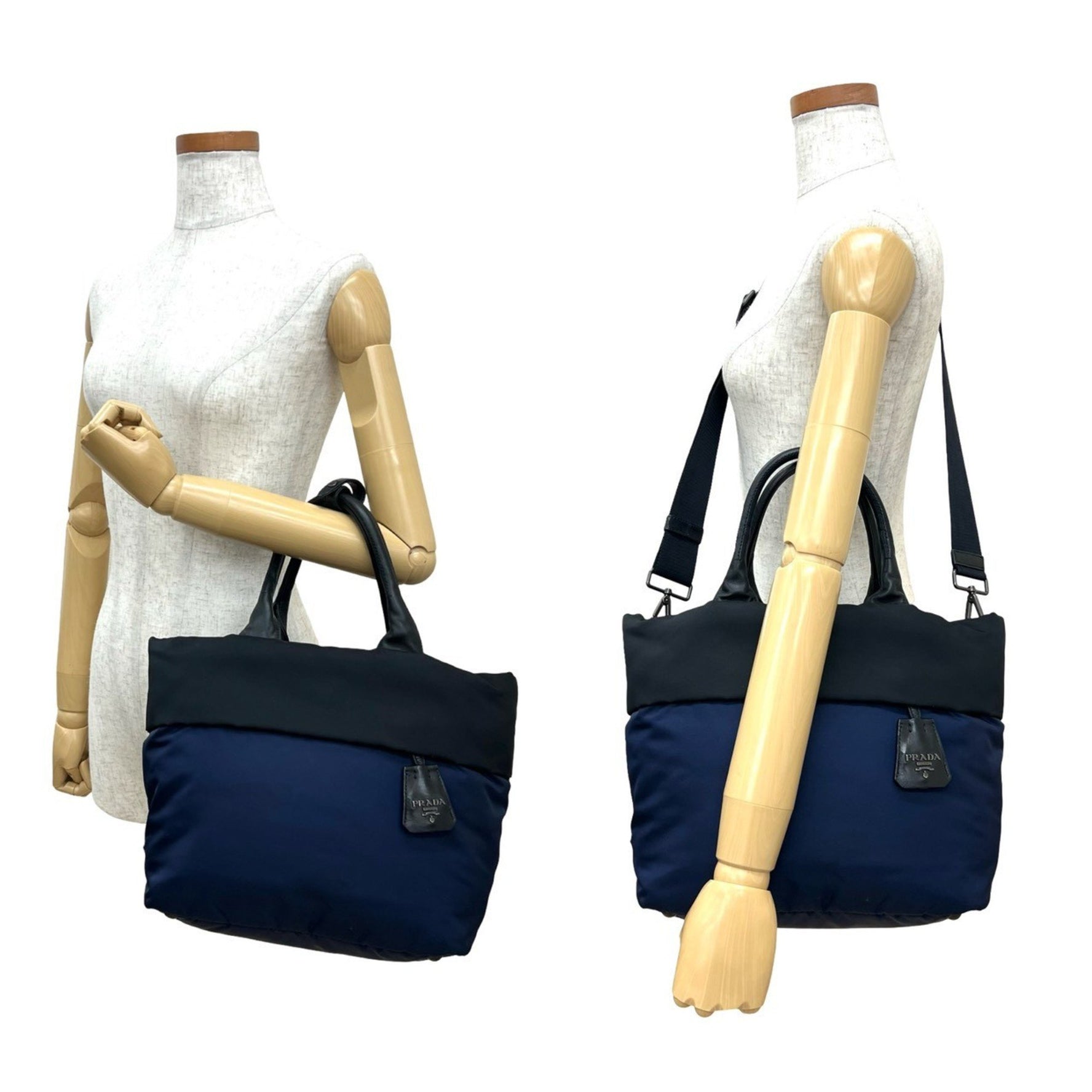 PRADA Triangle Logo Hardware Nylon Leather Shoulder Bag Tote Handbag Black Navy Size 24-10