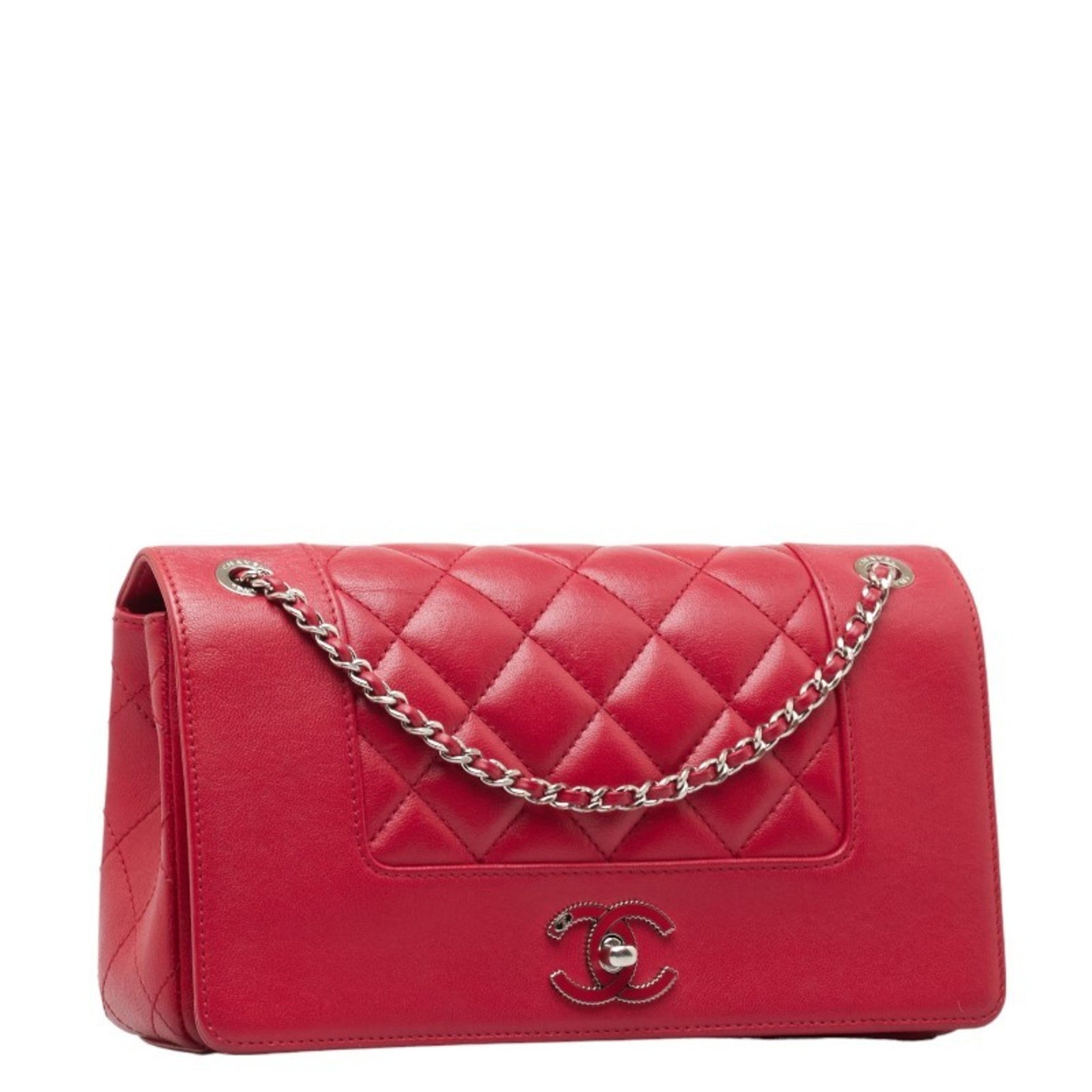 Chanel Matelasse Coco Mark Chain Shoulder Bag Red Leather