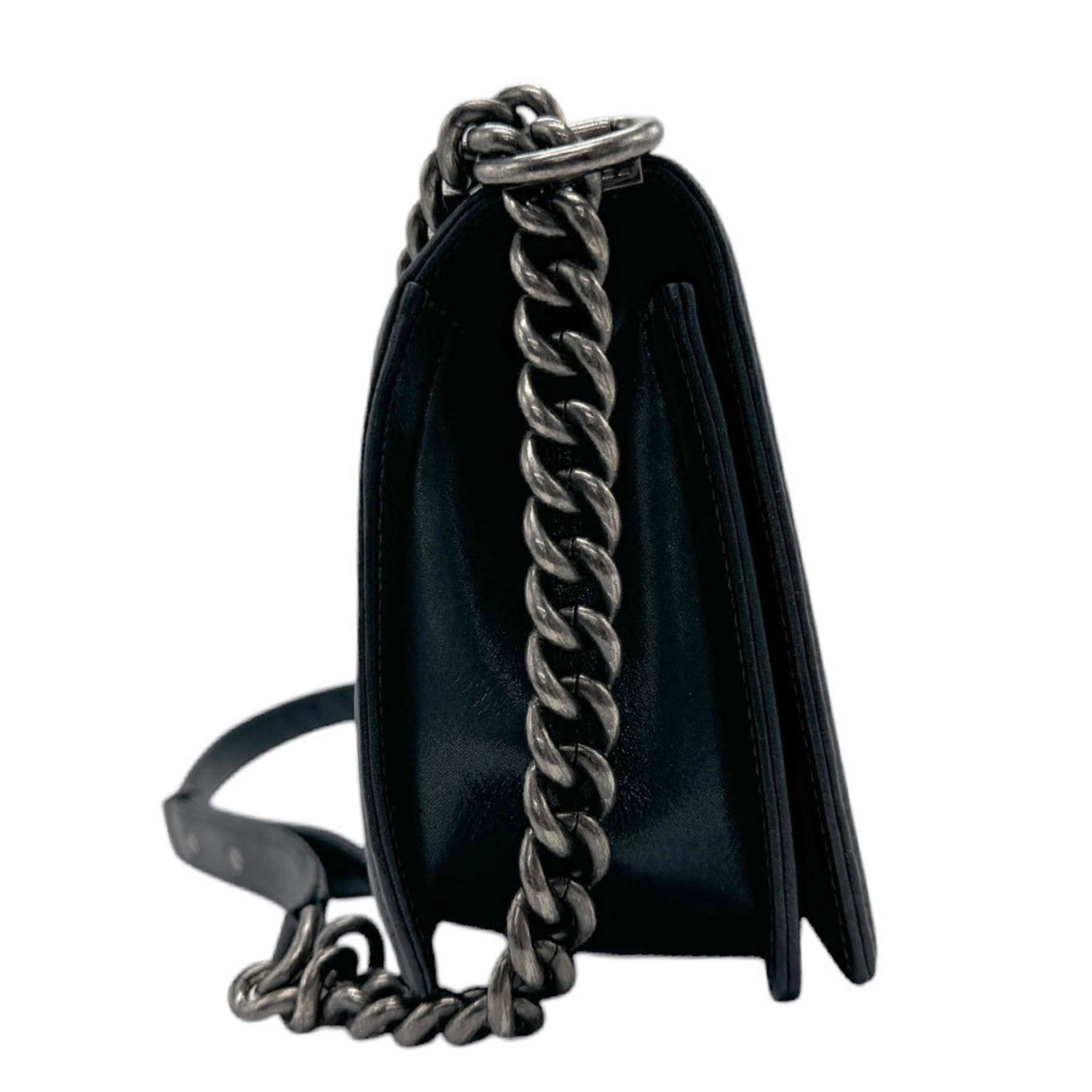 CHANEL Shoulder Bag Boy Leather Metal Silver Black