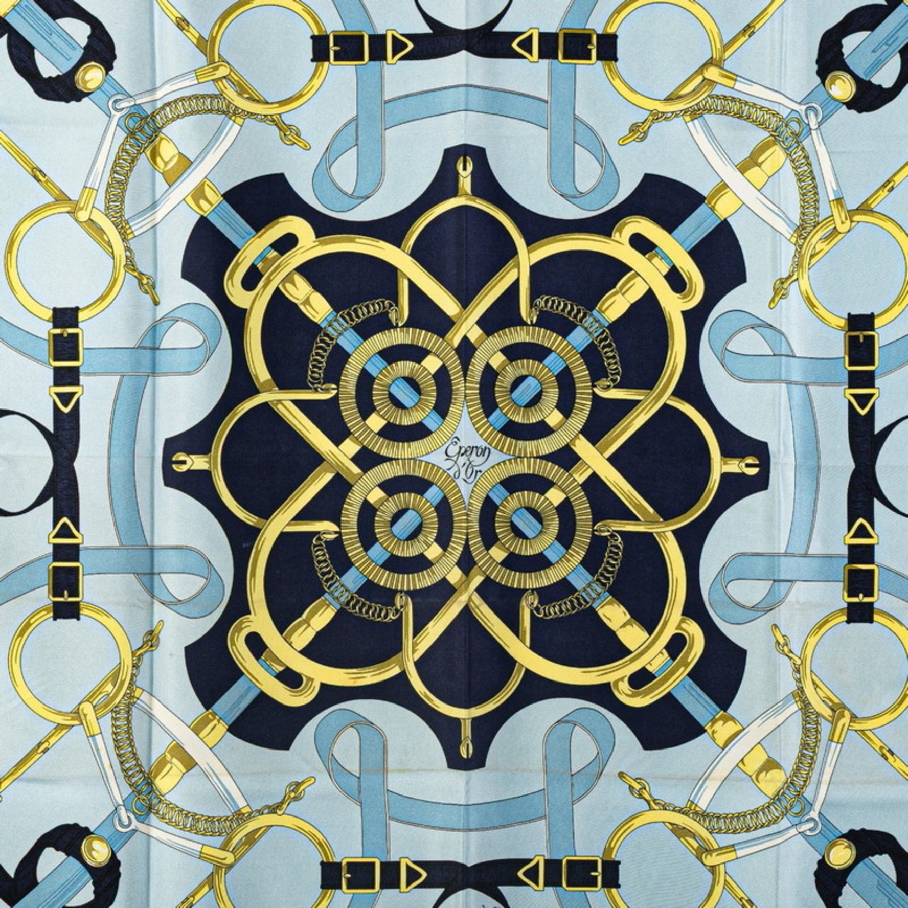 Hermes Hermès Carré 90 Eperon d'or Golden Spur Scarf, Navy, Light Blue, Multicolor, Silk