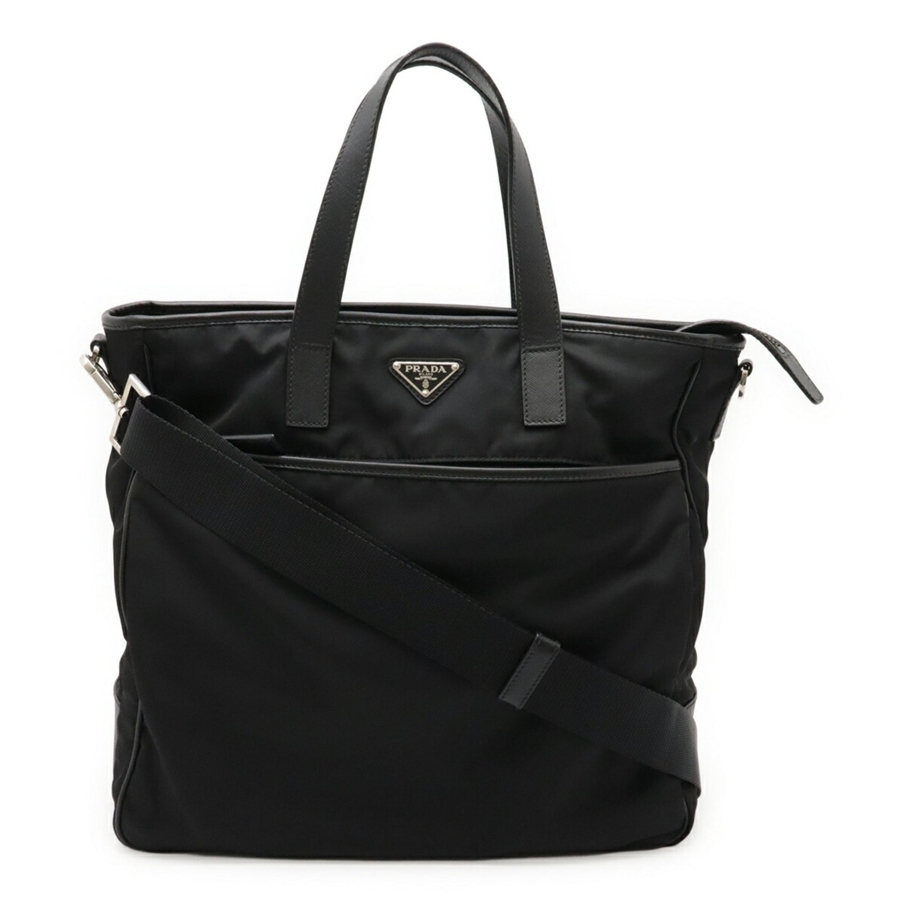 PRADA Triangle Tote Bag Shoulder Nylon Leather NERO Black