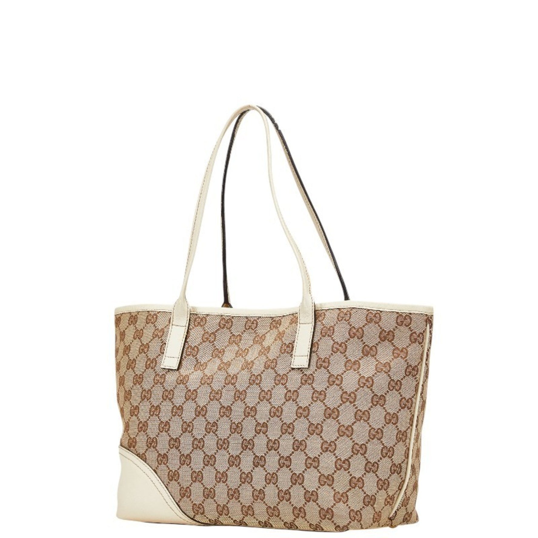 Gucci GG Canvas New Brit Tote Bag Shoulder Beige White Leather