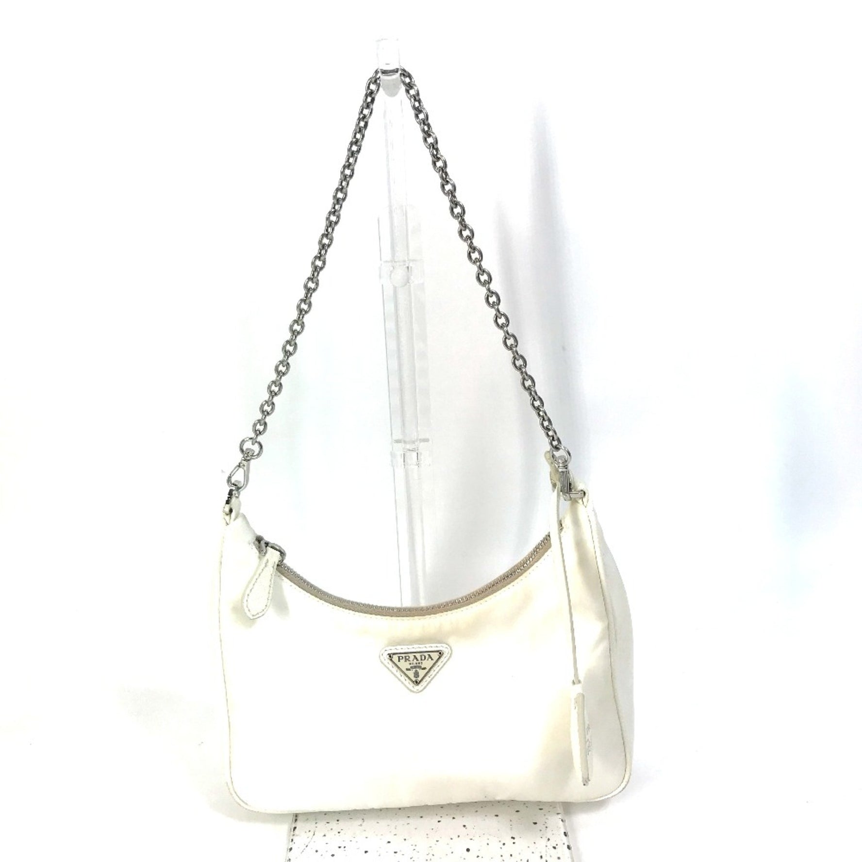 PRADA triangle logo triangle logo plate Chain with crossbody pouch Shoulder Bag Beige