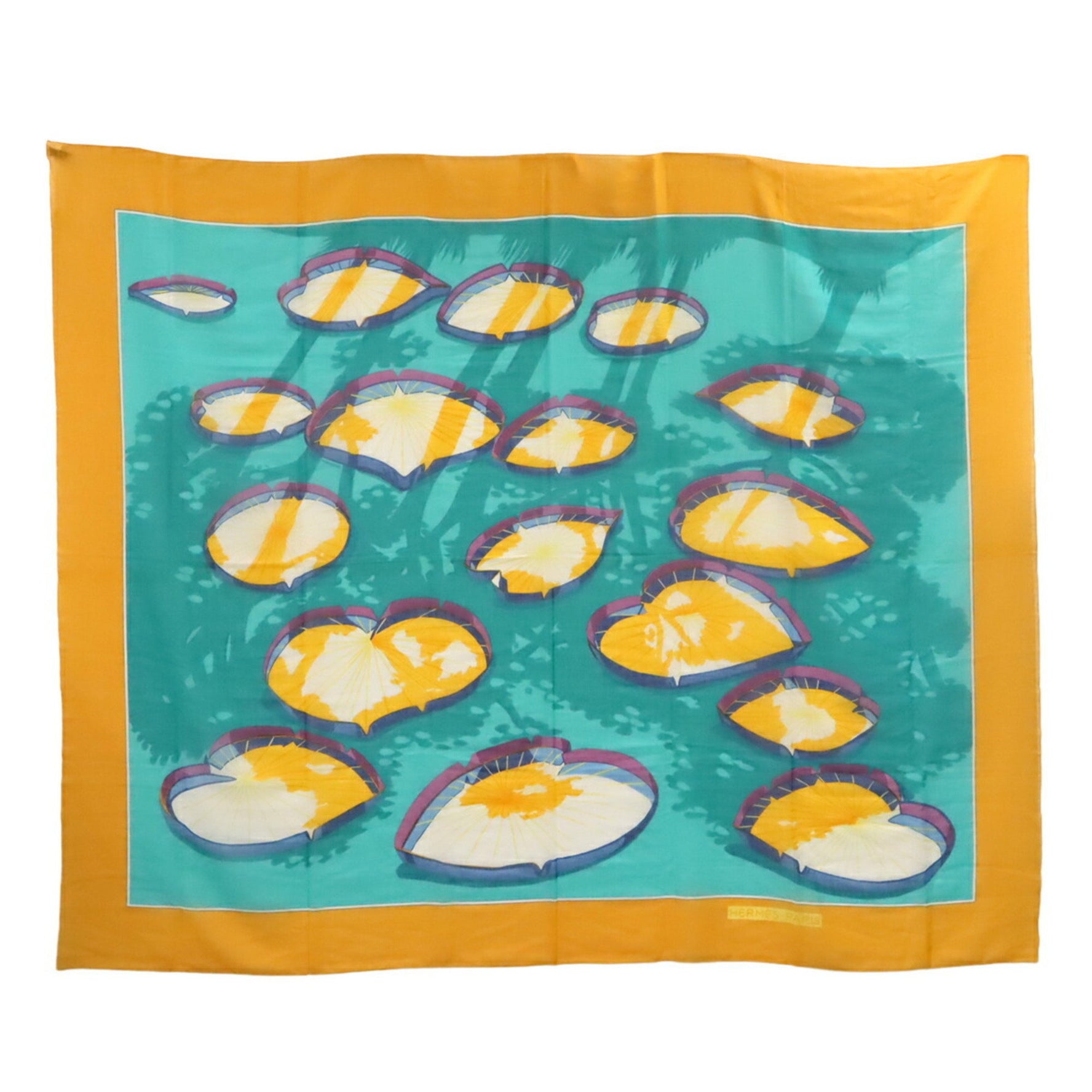 HERMES Large Stole Scarf/Shawl/Spareo with Lotus Leaf Design, 100% Cotton, Yellow, Green, and Multicolor