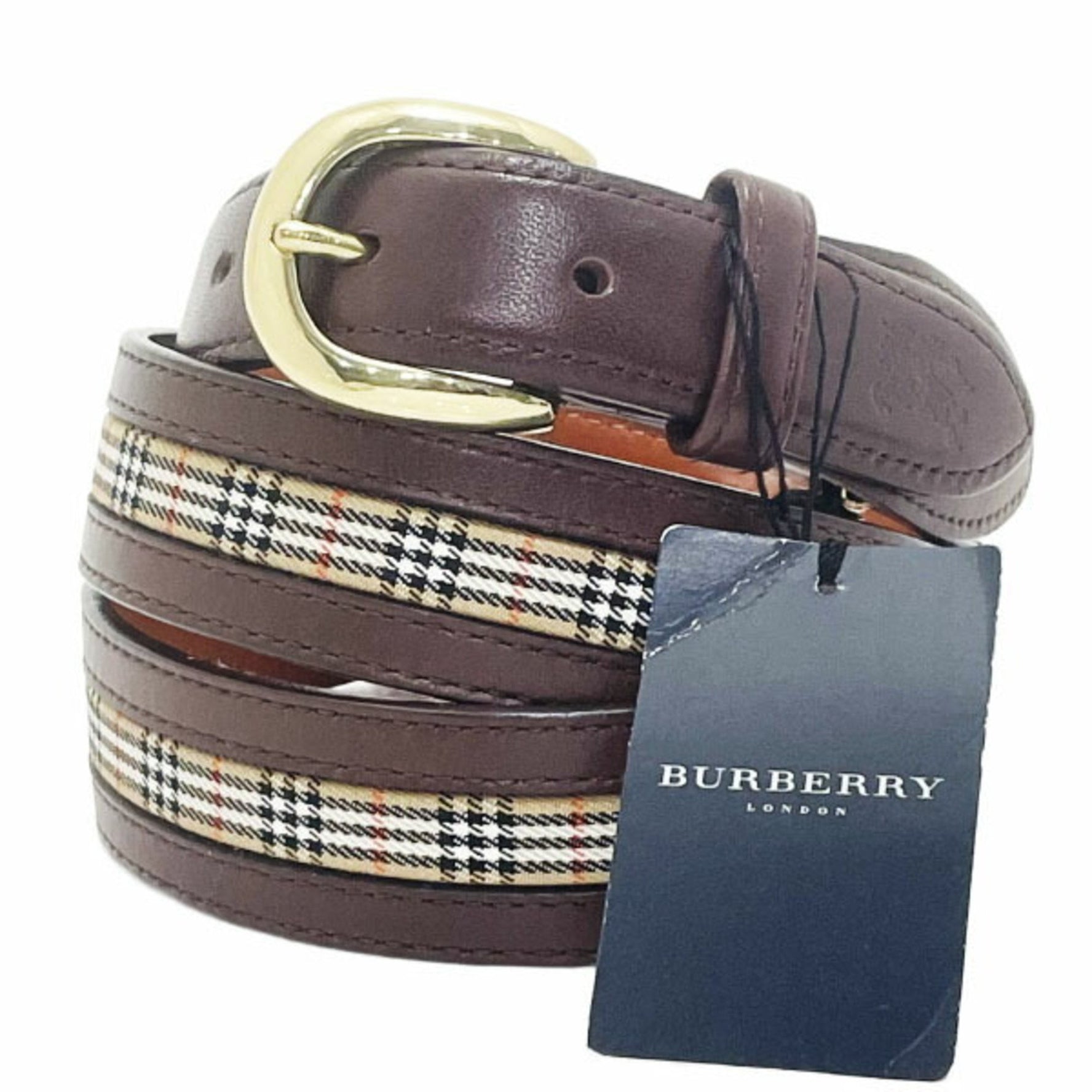 Burberry London Check Pattern Belt Leather Canvas Dark Brown Beige Size approx. LONDON