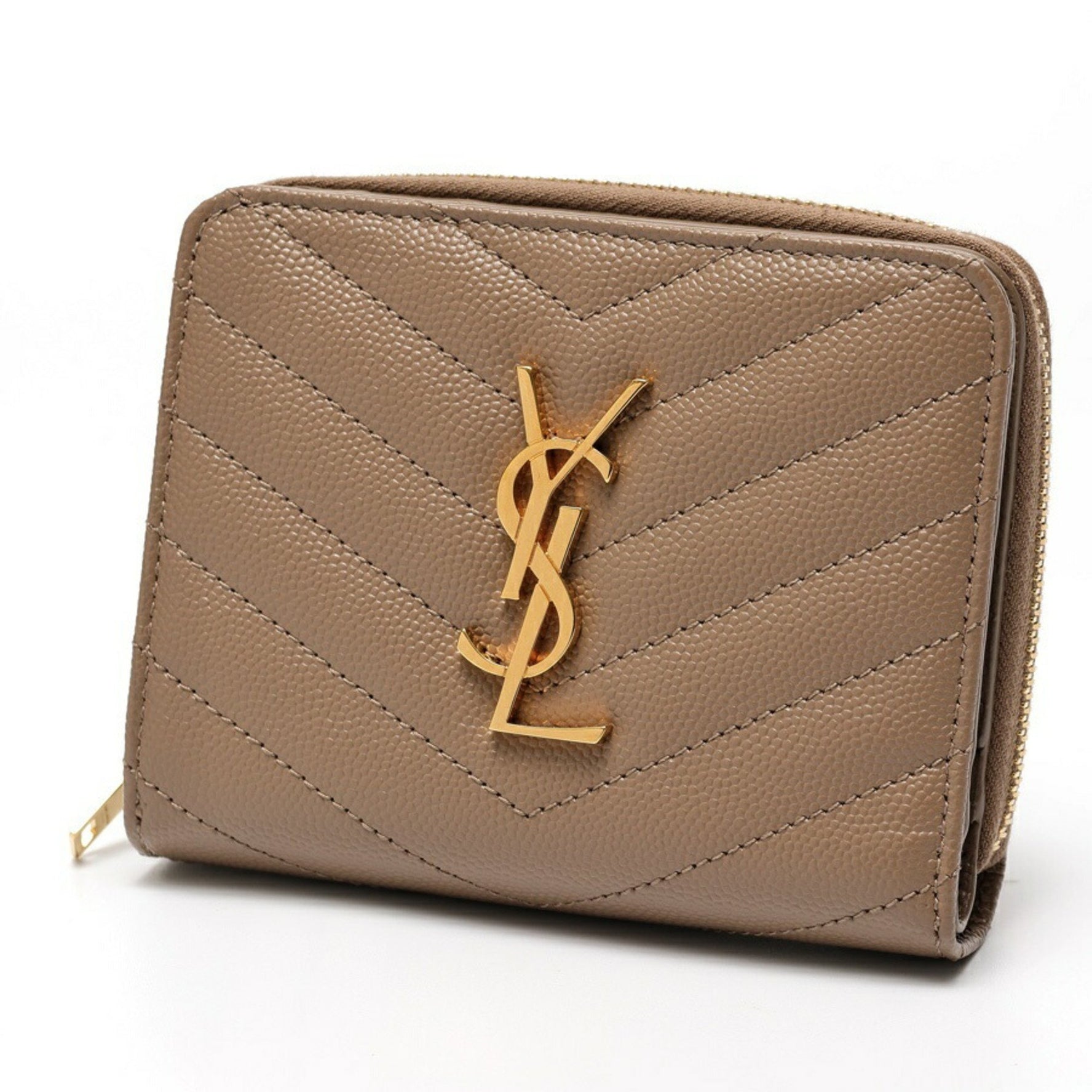 Saint Laurent Cassandra Matelasse Compact Wallet Zip Around Leather Greige