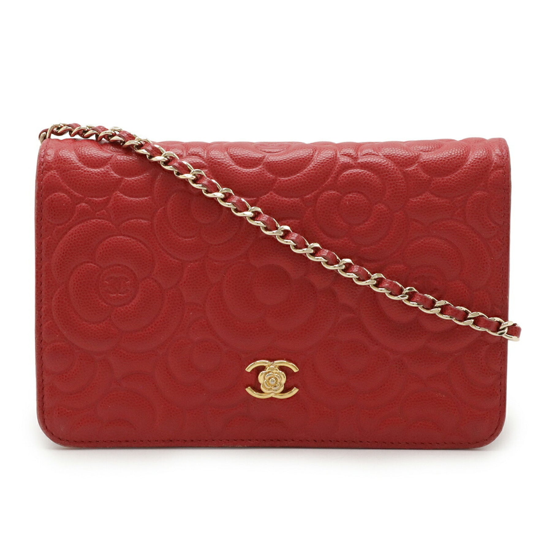 CHANEL Camellia Coco Mark Chain Wallet Shoulder Bag Pochette Caviar Skin Red 7421